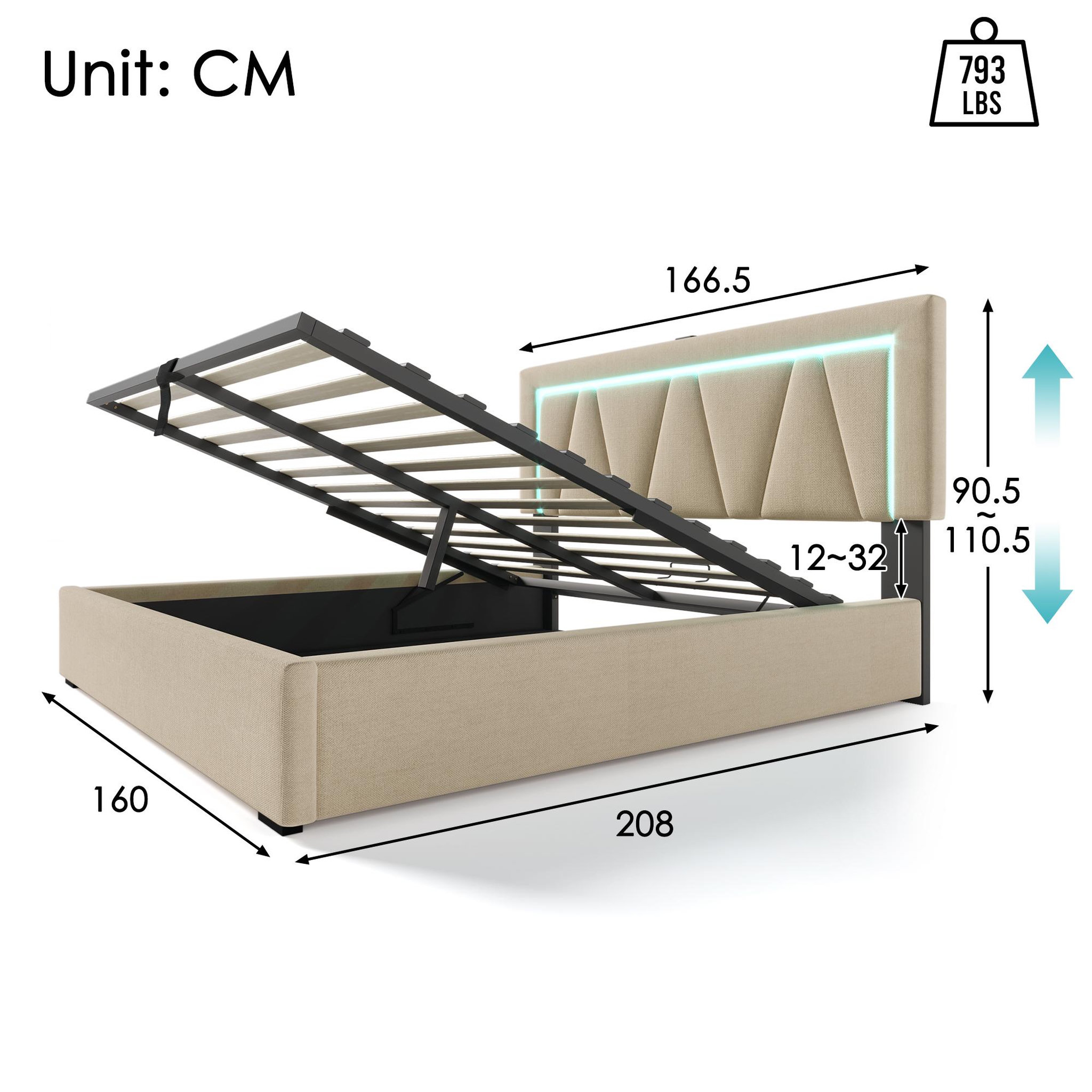 Voir la diapositive 3 : MERAX Lit double coffre 160x200 cm avec led, usb et sommier à lattes， lin gris