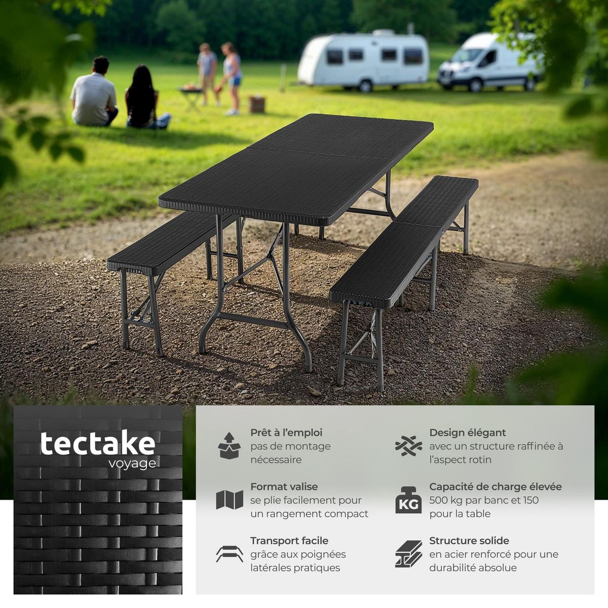 tectake Ensemble de table de camping pliable noir-aspect rotin