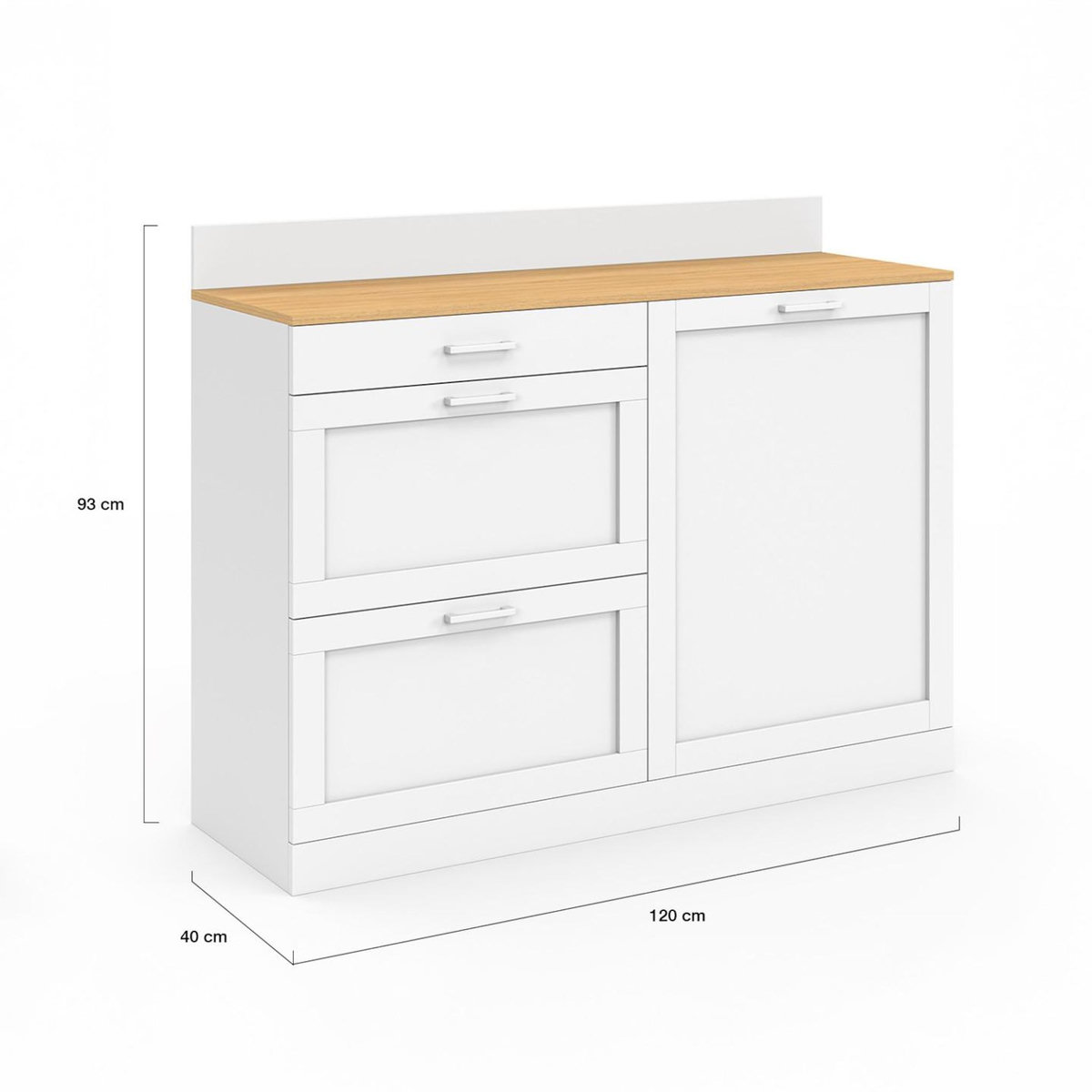 ID MARKET Buffet bas de cuisine 120 cm casserolier VITO plan de travail H.83 cm 1 porte + 3 tiroirs blanc et plateau façon hêtre