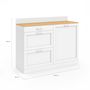 Voir la diapositive 5 : ID MARKET Buffet bas de cuisine 120 cm casserolier VITO plan de travail H.83 cm 1 porte + 3 tiroirs blanc et plateau façon hêtre