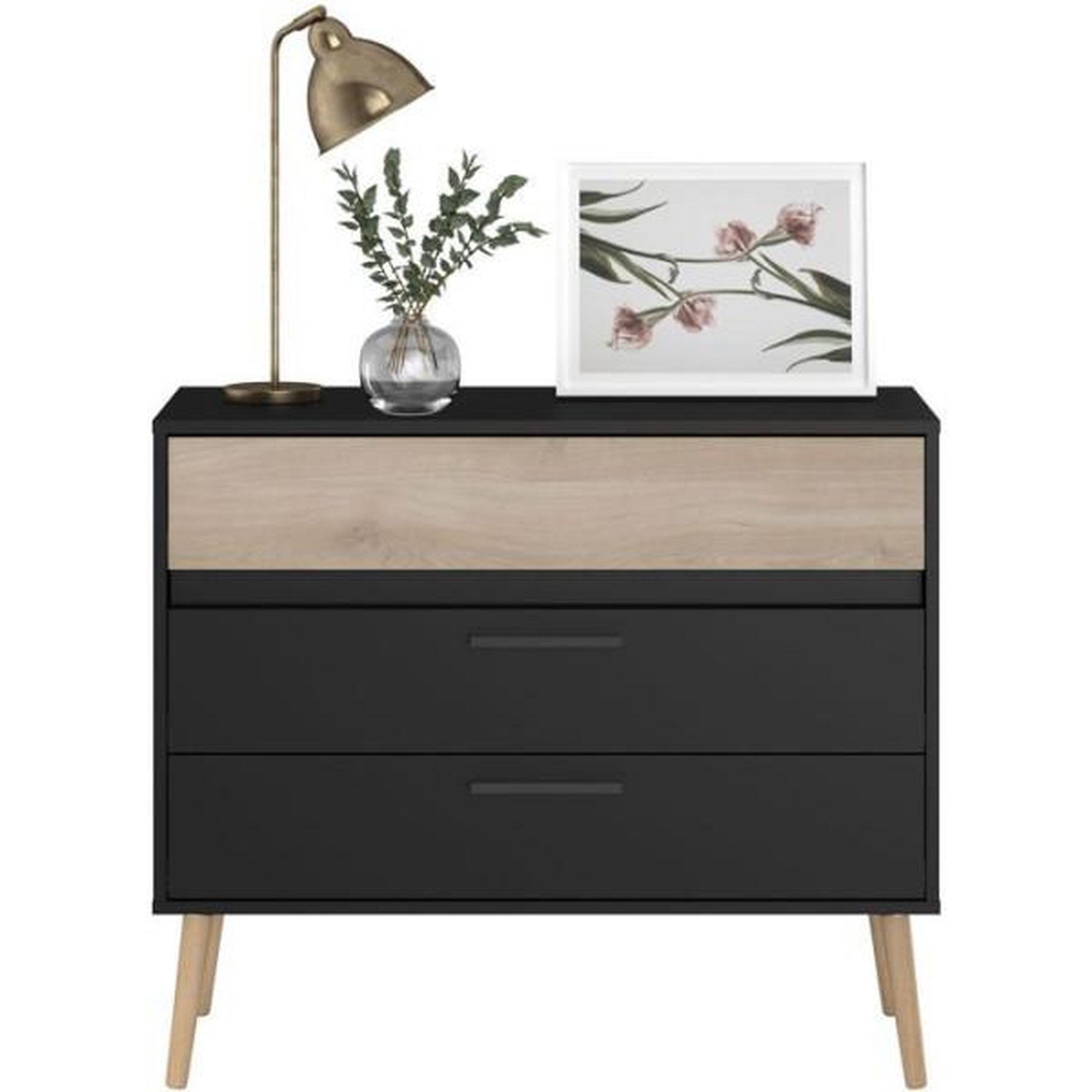 Voir la diapositive 3 : PARISOT Commode - AALBORG - 3 tiroirs - Décor Noir et chene - Style Scandinave - L90,8 x P39,9 x H77,5 cm - PARISOT