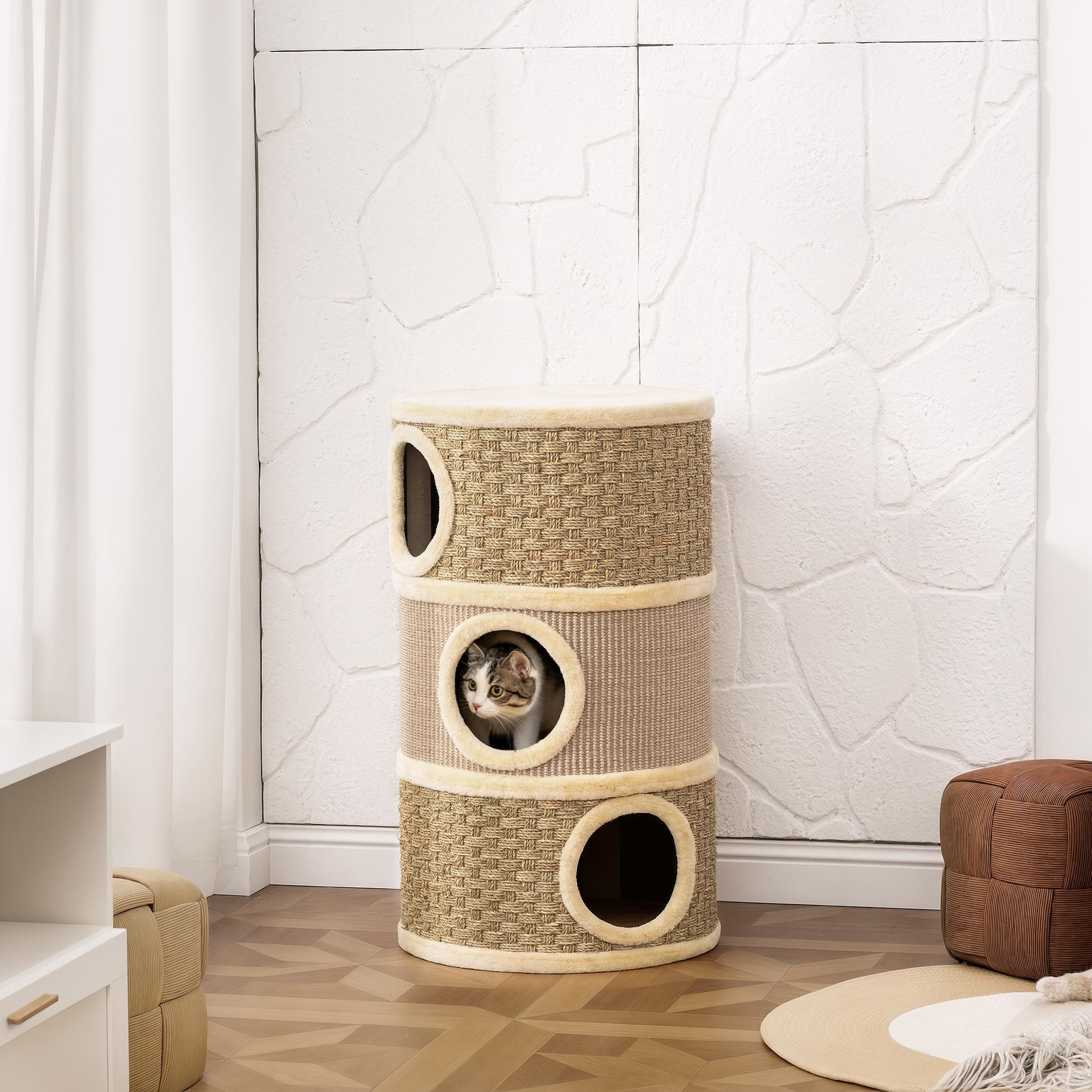 Voir la diapositive 2 : PAWHUT Arbre à chat cylindrique tonneau griffoir - 3 niches + plateforme - sisal corde d'algues beige