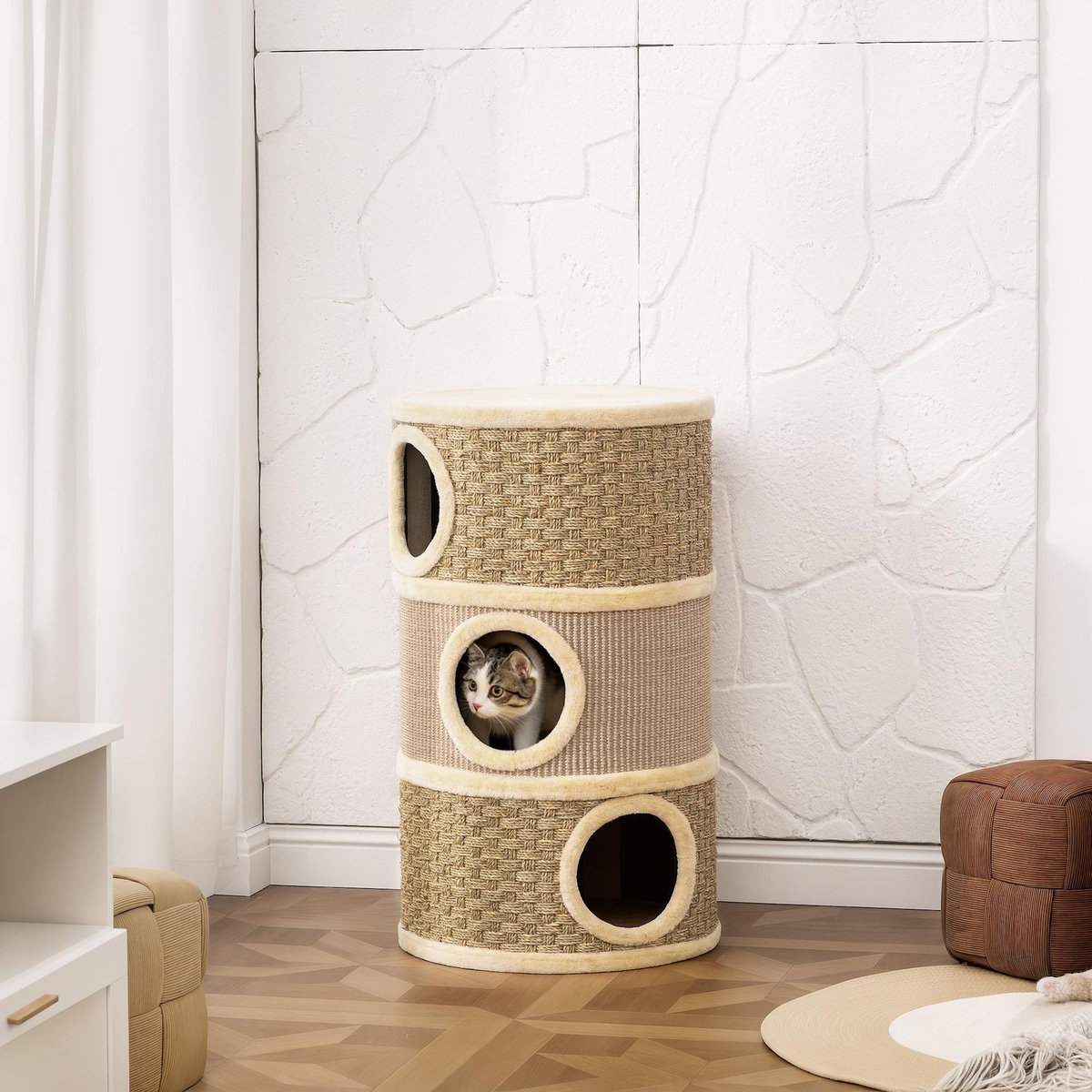 PAWHUT Arbre à chat cylindrique tonneau griffoir - 3 niches + plateforme - sisal corde d'algues beige