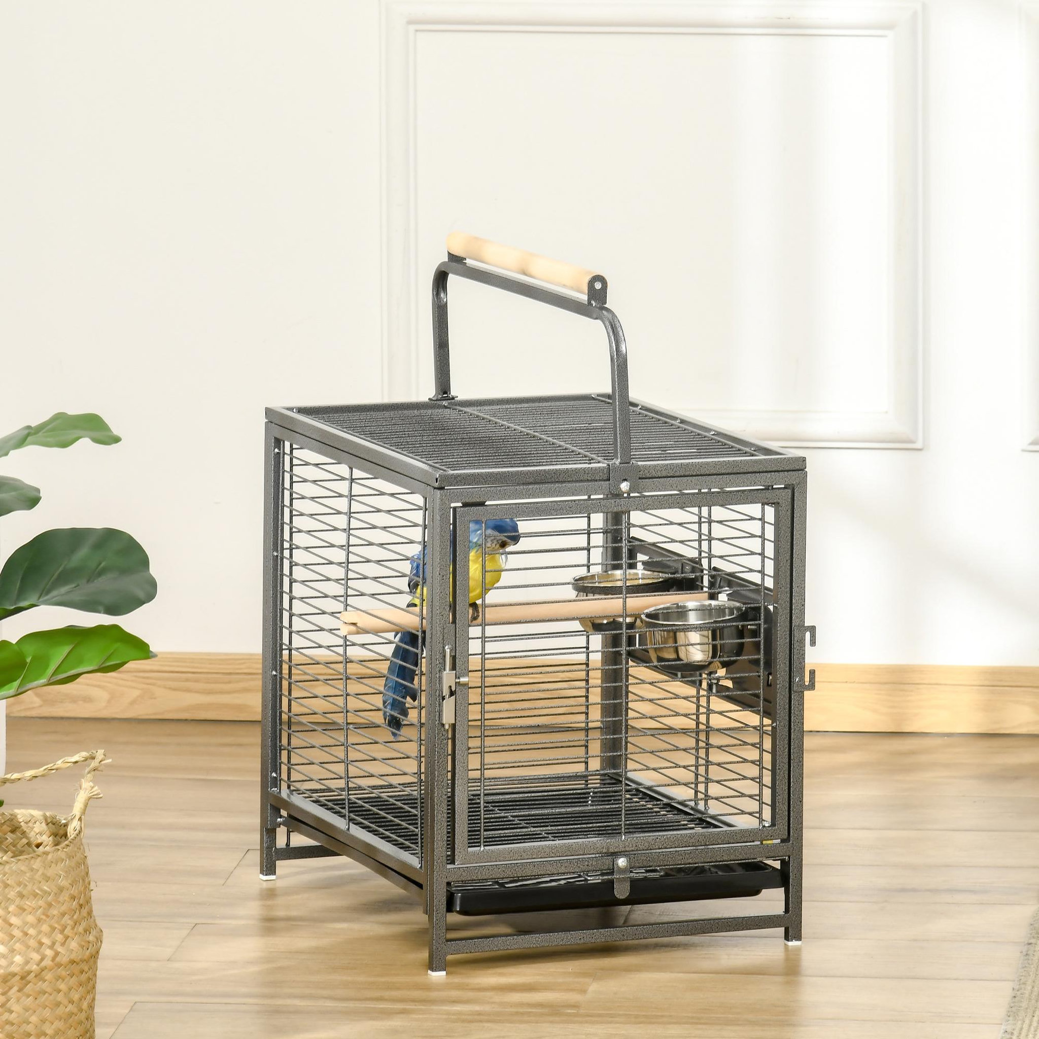 Voir la diapositive 2 : PAWHUT Cage de transport oiseau - cage de transport pour perroquet - porte, 2 trappes de nourrissage - acier gris moucheté