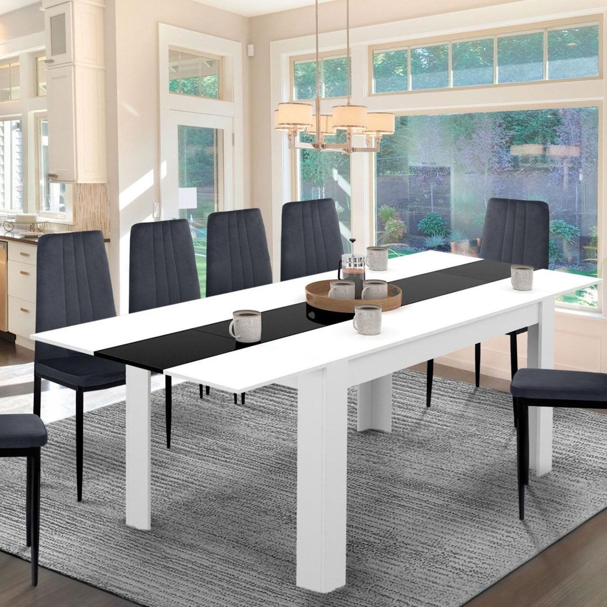ID MARKET Table à manger extensible rectangle GEORGIA 6-10 personnes blanche et noire 140-220 x 90 cm
