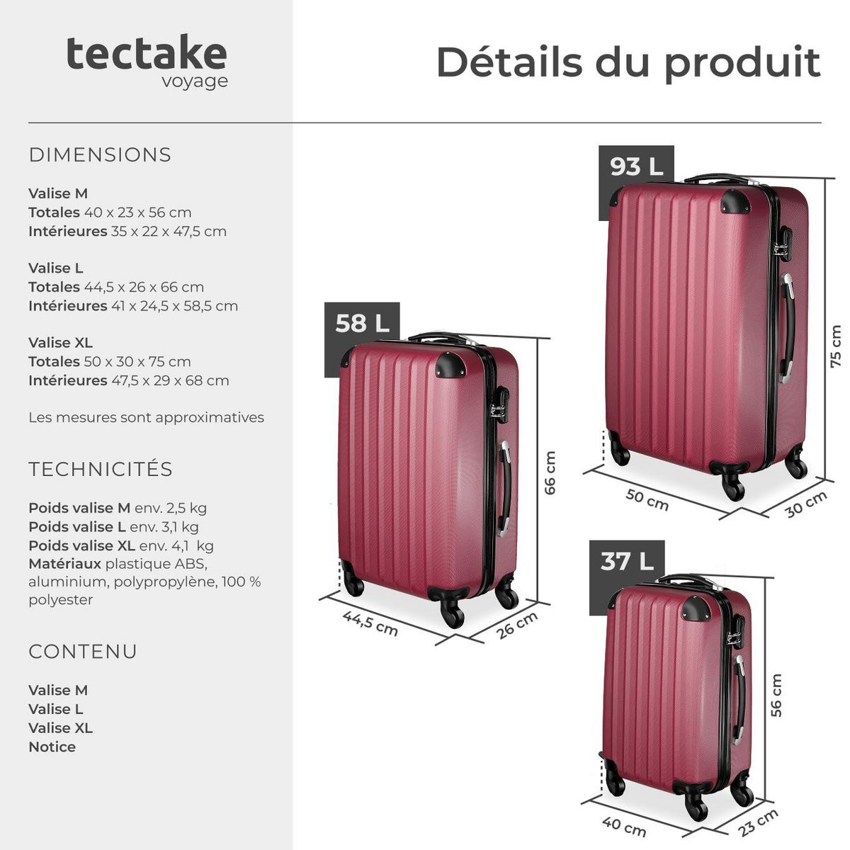 tectake Set de valises trolley rigides 3 parties, en plastique ABS robuste rouge