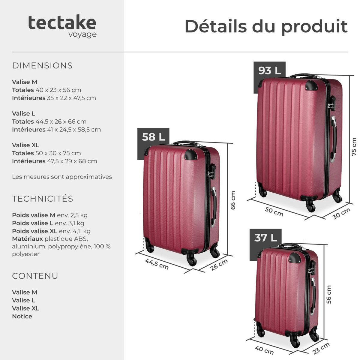 tectake Set de valises trolley rigides 3 parties, en plastique ABS robuste rouge