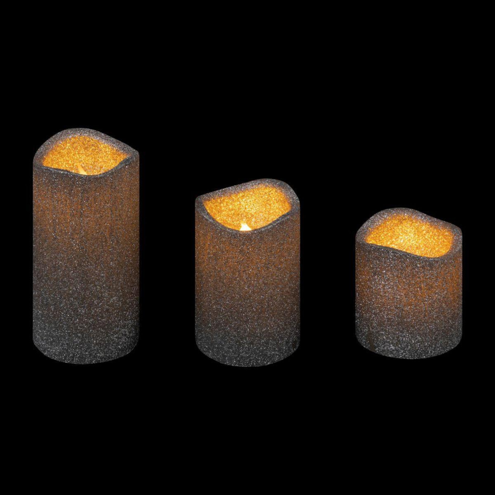 Voir la diapositive 2 : ATMOSPHERA Lot de 3 bougies led  paillettes  10cm argent