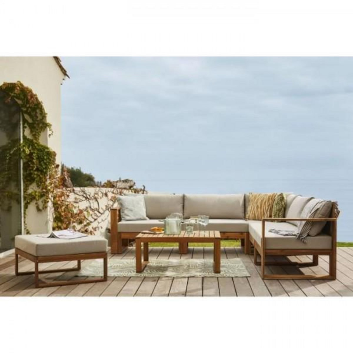 BOCARNEA Salon de jardin en bois d'Acacia FSC - 7 personnes - Levata - Lin