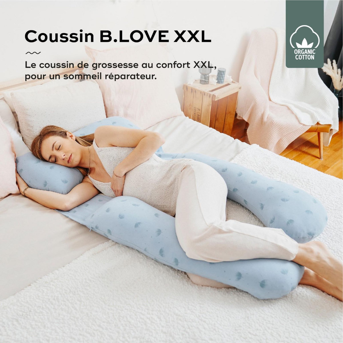 BABYMOOV Coussin de grossesse et d'allaitement (Format XXL) B.LOVE Babymoov - Coton Bio - Evolutif - Bleu