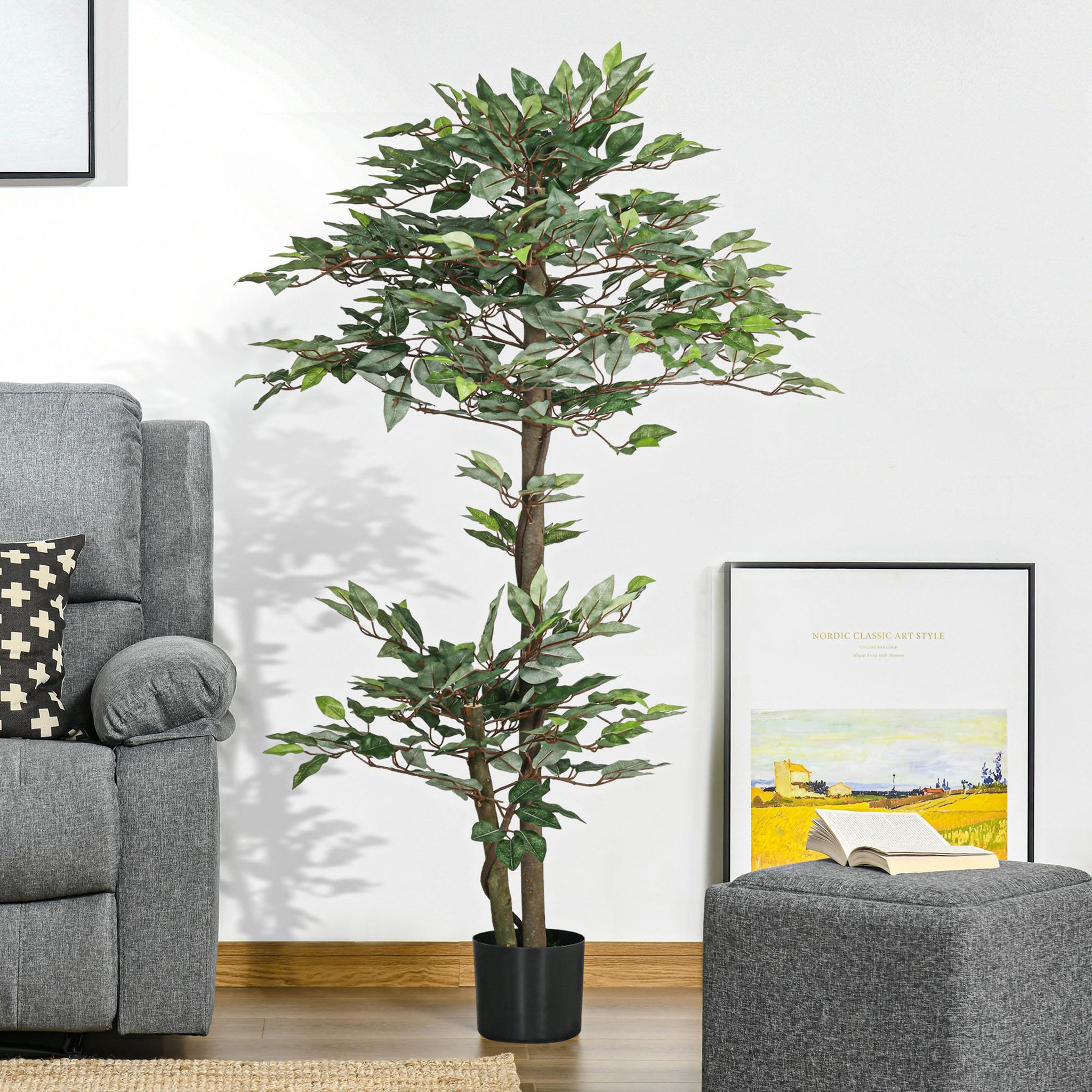 Voir la diapositive 2 : OUTSUNNY Plante artificielle ficus H.1,5 m troncs branches liane lichen feuilles grand réalisme pot inclus