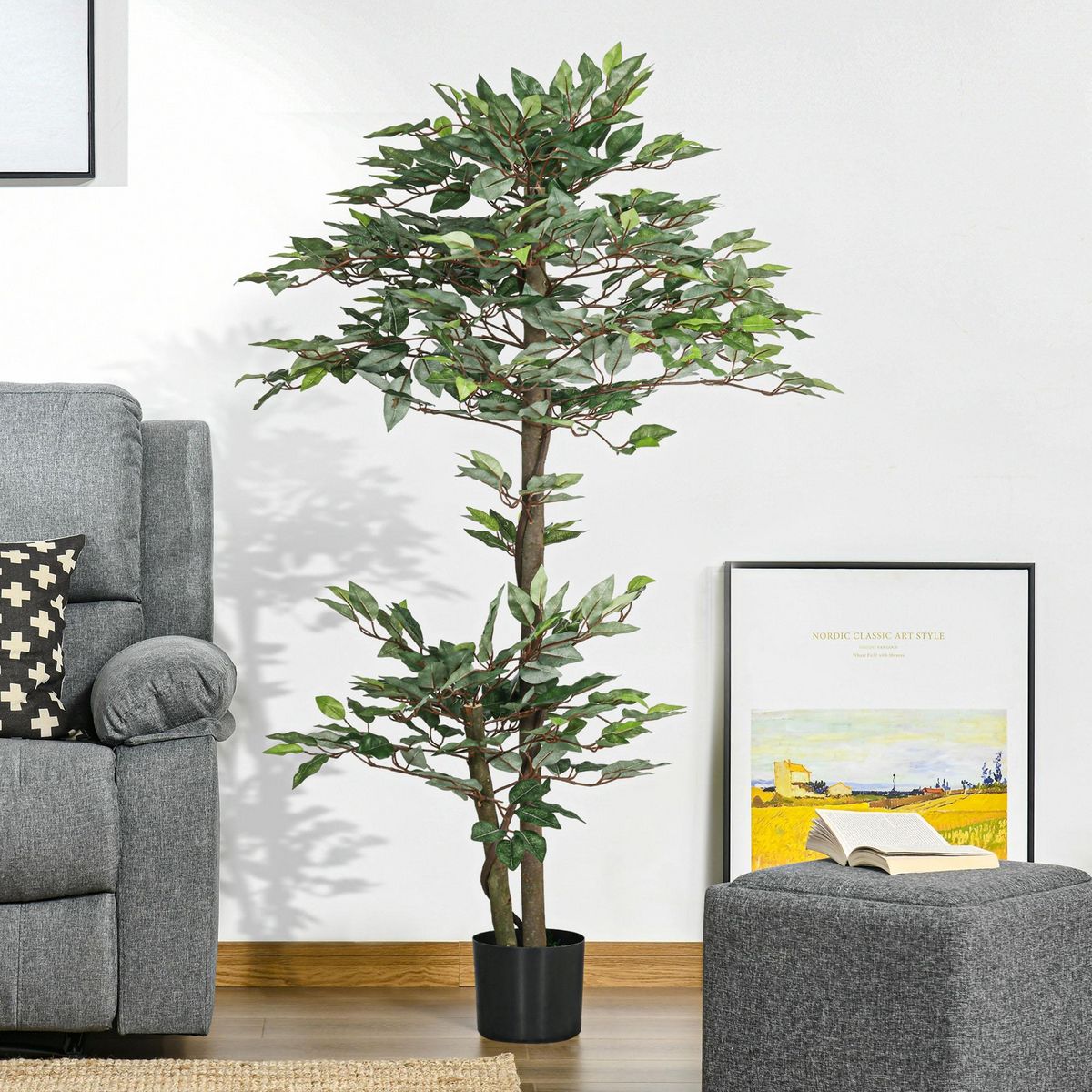 OUTSUNNY Plante artificielle ficus H.1,5 m troncs branches liane lichen feuilles grand réalisme pot inclus