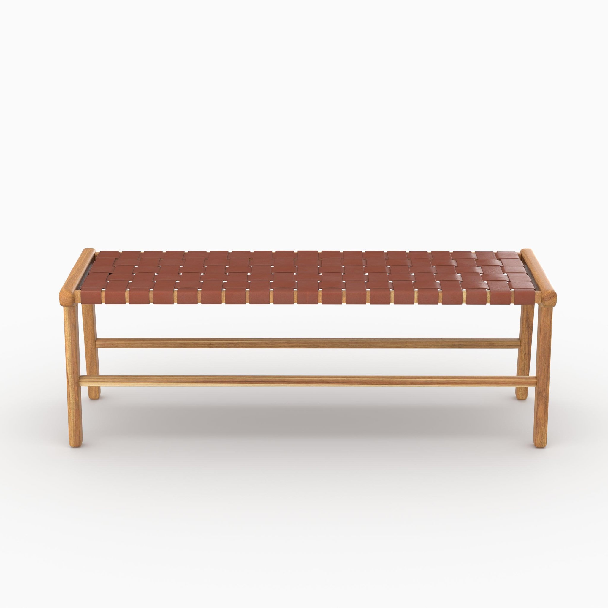 Voir la diapositive 5 : MAISON PAVANE Banc 120 cm en cuir tressé marron et bois de teck-kuna