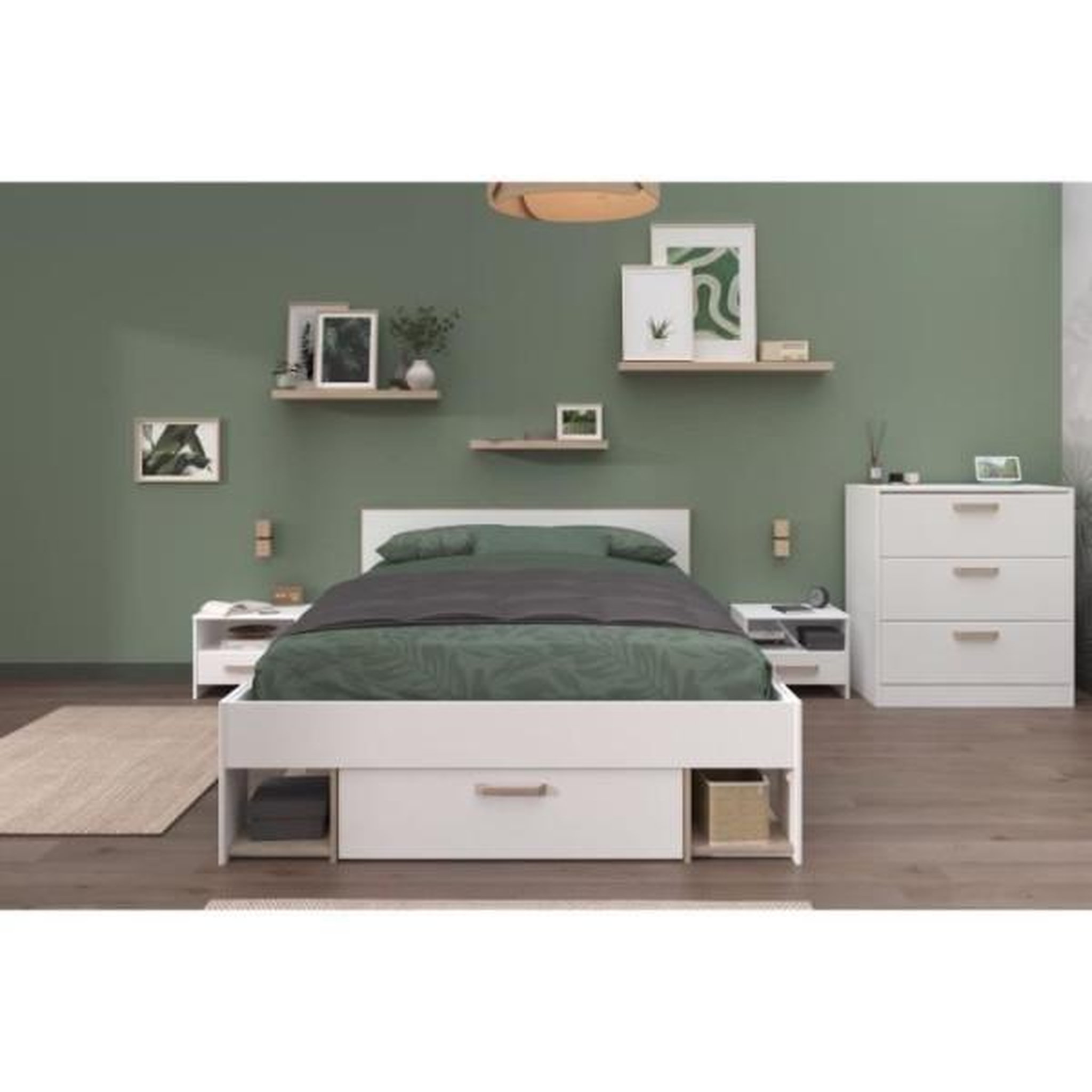 Voir la diapositive 2 : PARISOT Chambre complete adulte DREAM : Lit 140x190/200 cm + 2 chevets + commode - Décor blanc et chene - PARISOT