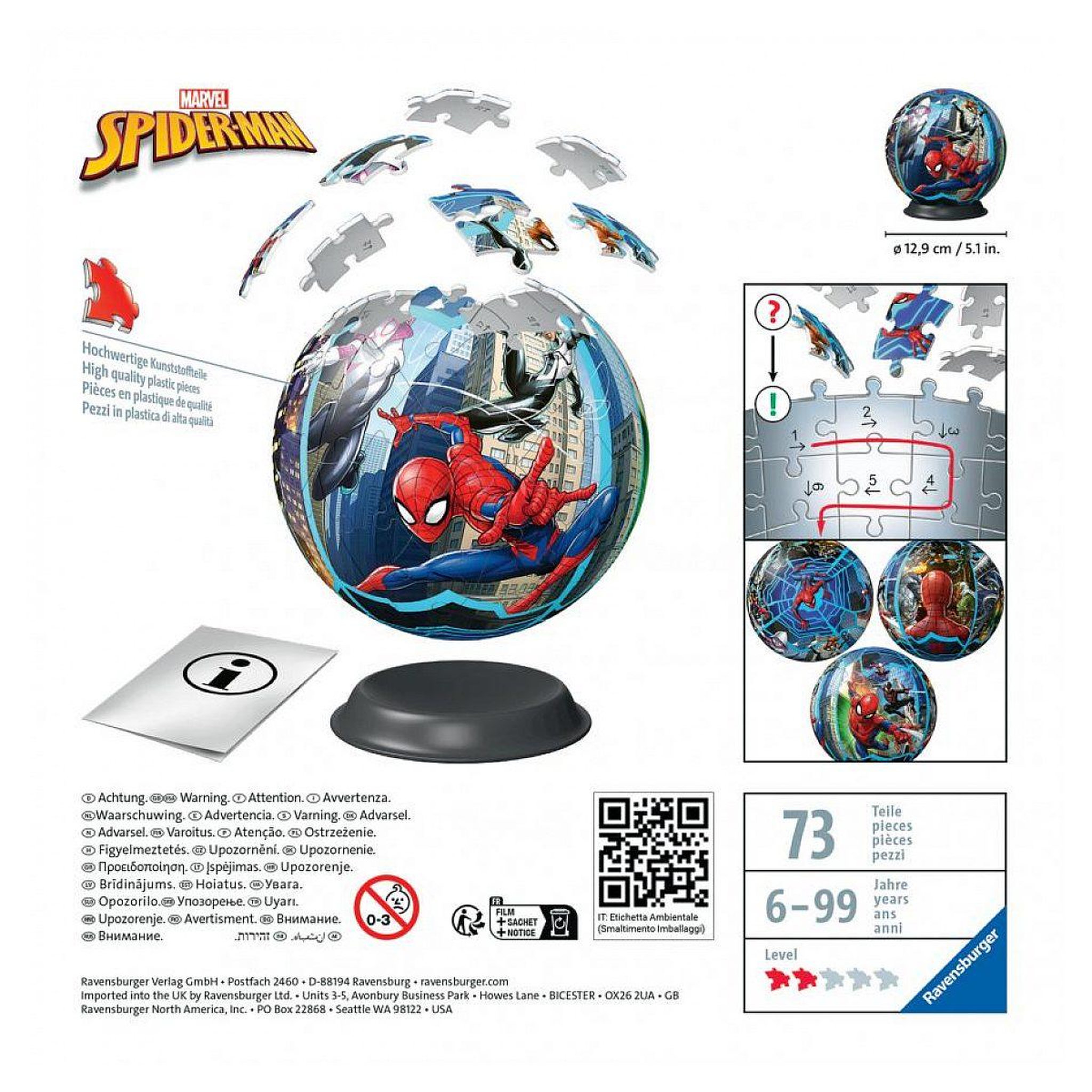 Voir la diapositive 2 : RAVENSBURGER Puzzle 3d ball 72 p - spider-man - ravensburger - pour enfant de 6 ans et plus - rouge et bleu