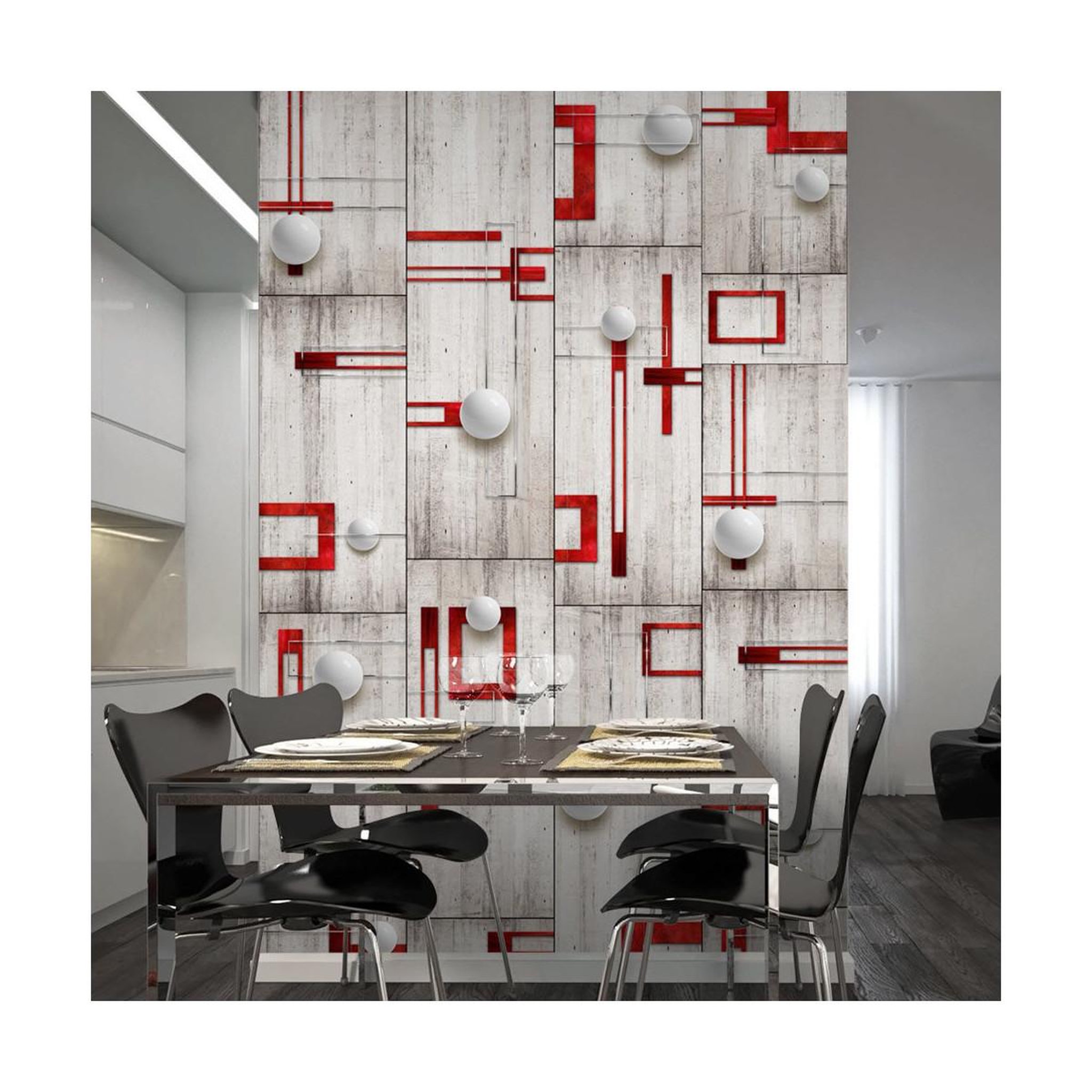 Paris Prix Papier peint  concrete, red frames & white knobs  50x1000cm