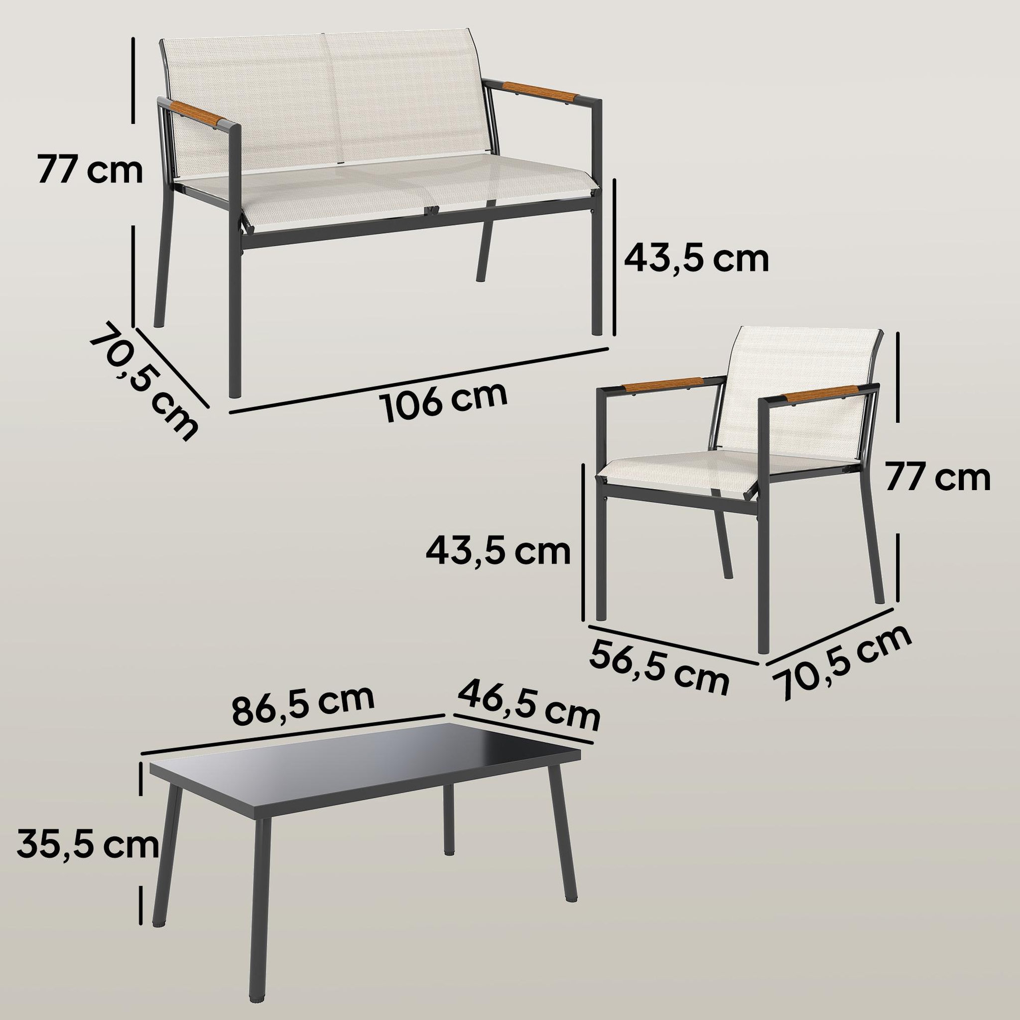 Voir la diapositive 3 : OUTSUNNY Salon de jardin design métal textilène effet bois 4 places 4 pièces