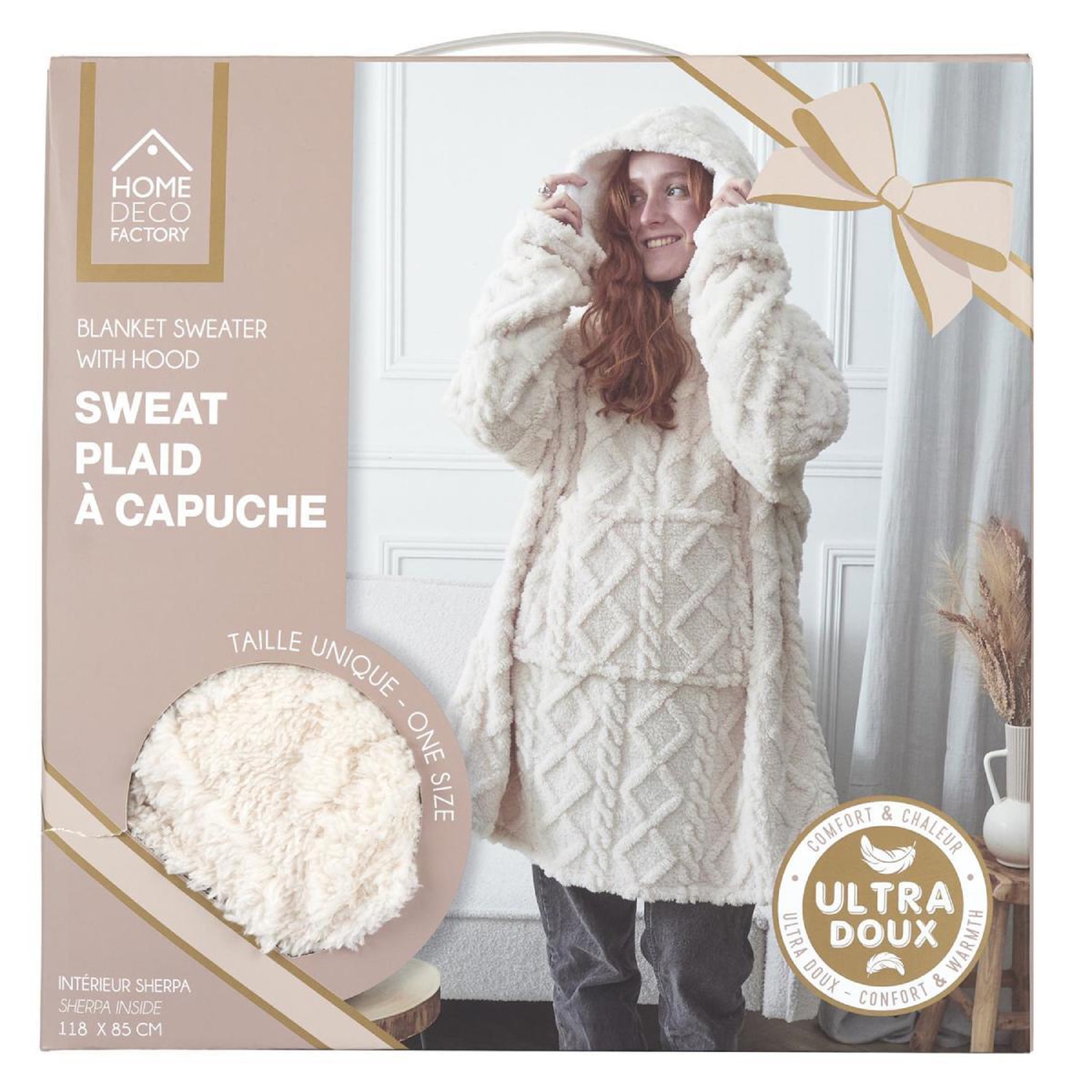 Voir la diapositive 5 : The Home Deco Factory Plaid sweat à capuche  jacquard  85x118cm crème