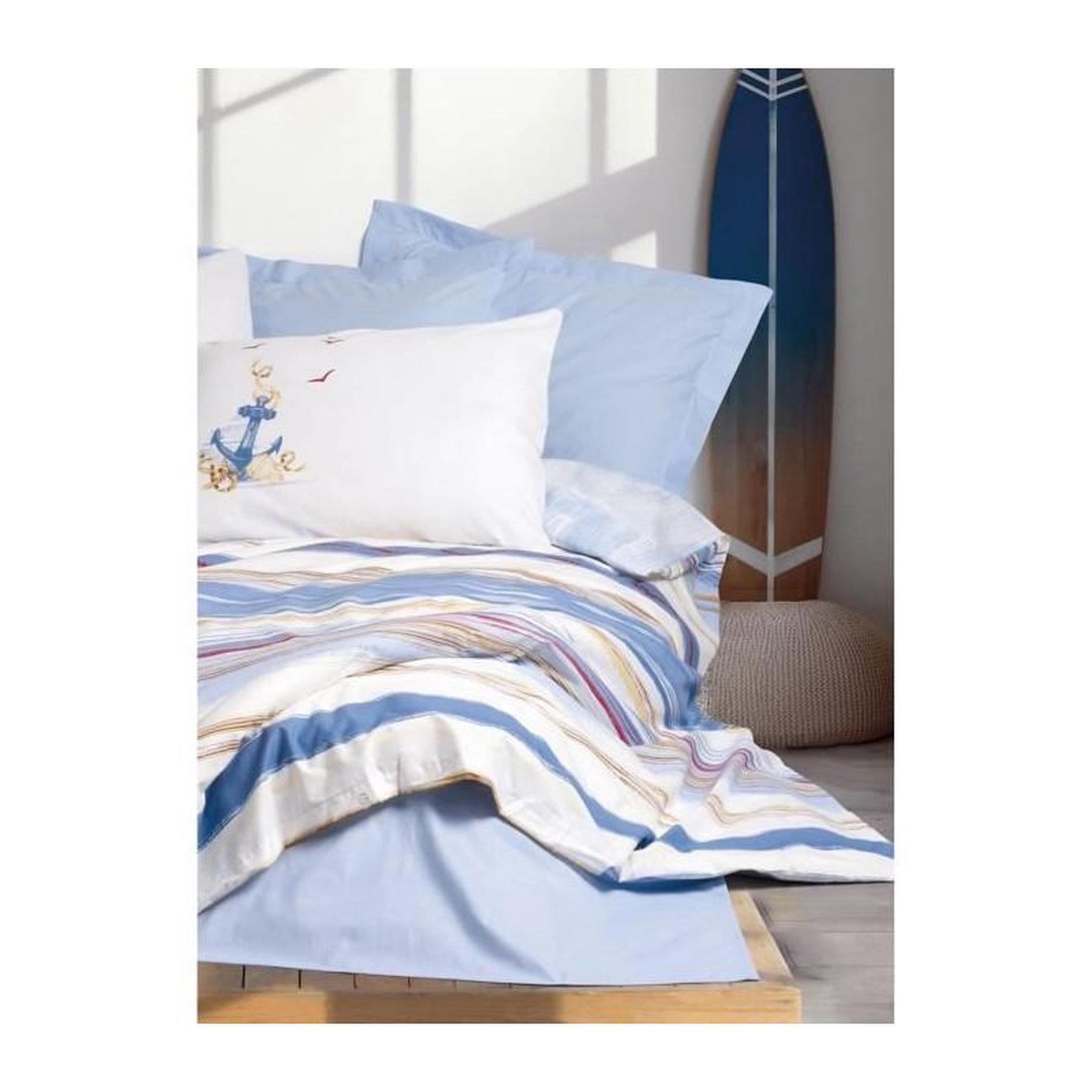 Voir la diapositive 3 : GENERIQUE Parure de lit - 129CTN64496 - 1 housse de couette 220 x 240 cm + 2 taies d'oreiller 60 x 60 cm - 100% coton ranforcé - Bleu