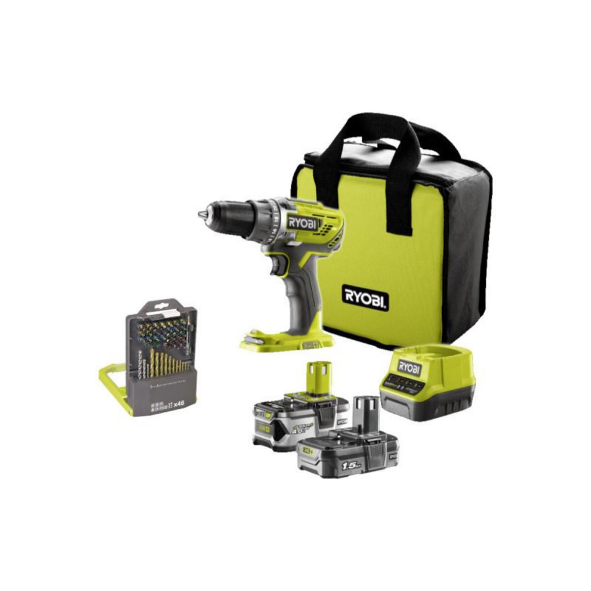 Ryobi Pack RYOBI Perceuse-visseuse R18DD3-2415BS 18V One+ - 2 batteries 4,0 Ah - 1,5Ah - Chargeur - Coffr