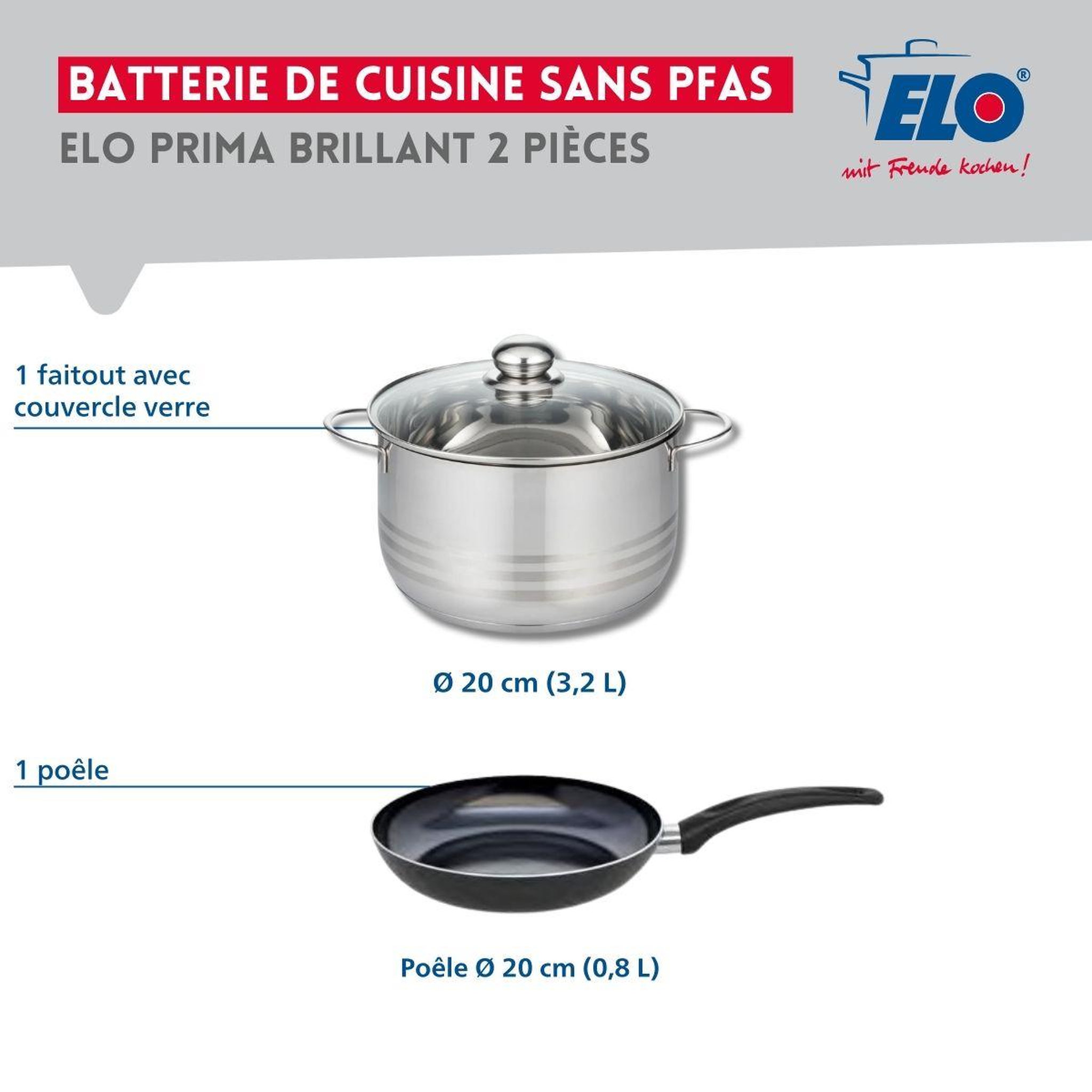 Voir la diapositive 2 : ELO Ensemble de 1 poêle de cuisson 20 cm et 1 faitout 20 cm elo prima brillant
