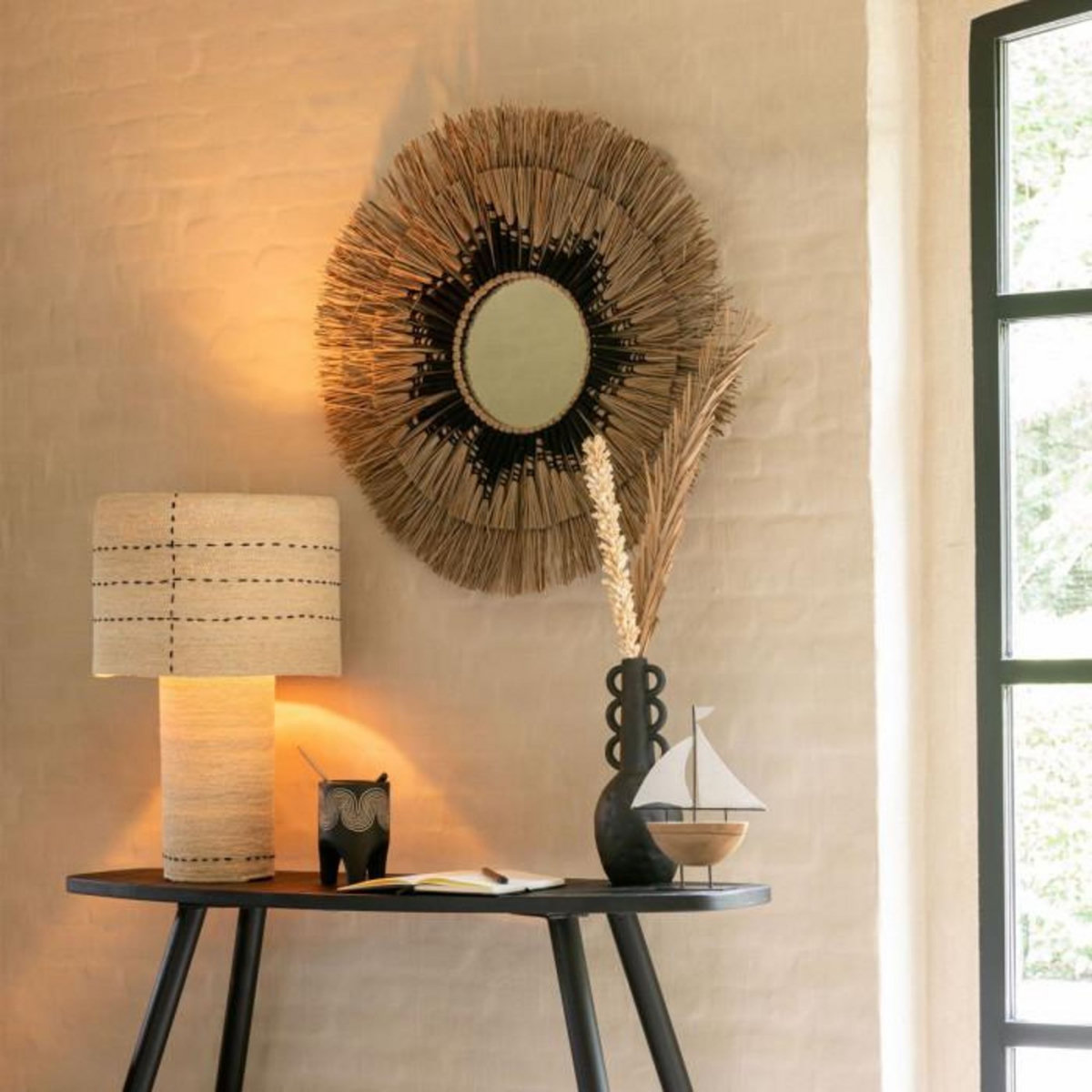 Paris Prix Miroir Mural Déco Paille  Mélissa  75cm Naturel & Noir