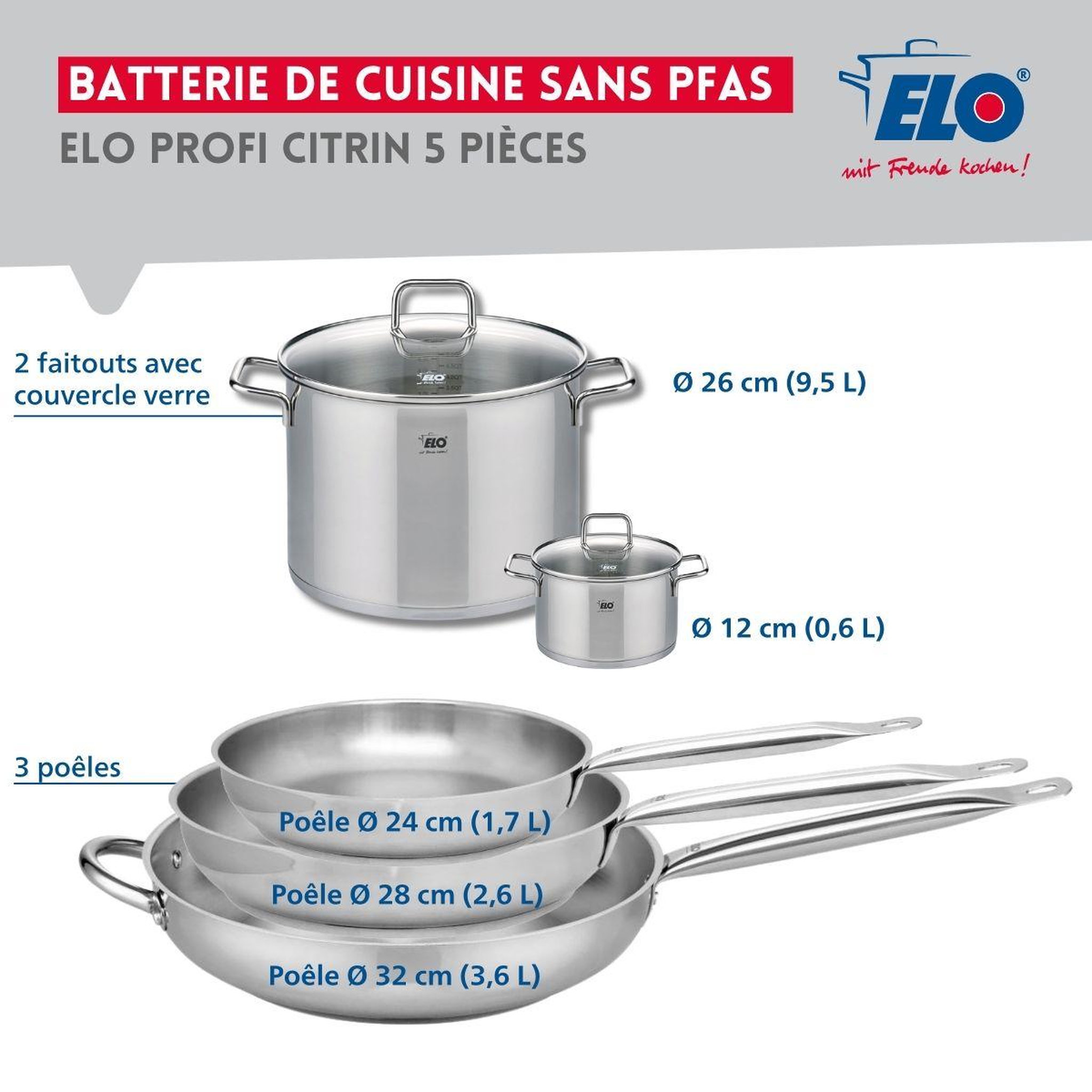 Voir la diapositive 2 : ELO Ensemble de 3 poêles de cuisson 24, 28 et 32 cm et 2 faitouts 12 et 26 cm elo profi citrin