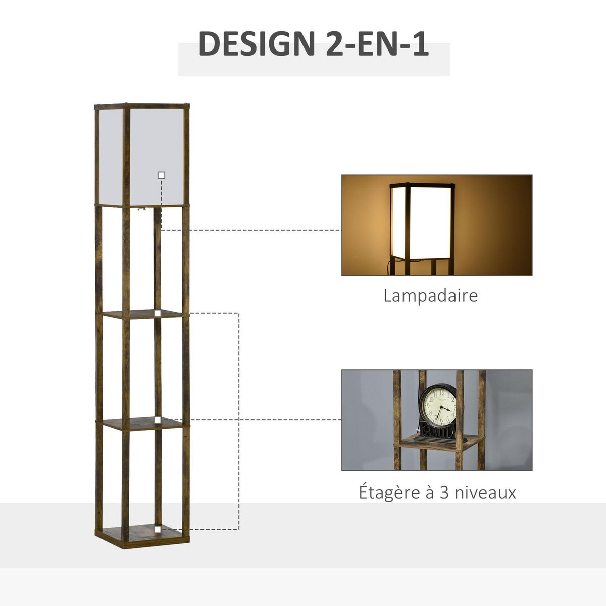 HOMCOM Lampadaire étagère lampe étagère 26L x 26l x 160H cm 3 étagères 4 niveaux MDF aspect bois vieilli
