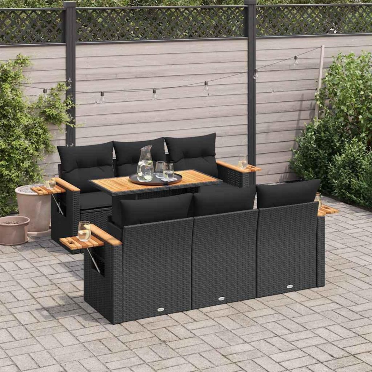 VIDAXL Salon de jardin avec coussins 7 pcs noir resine tressee acacia
