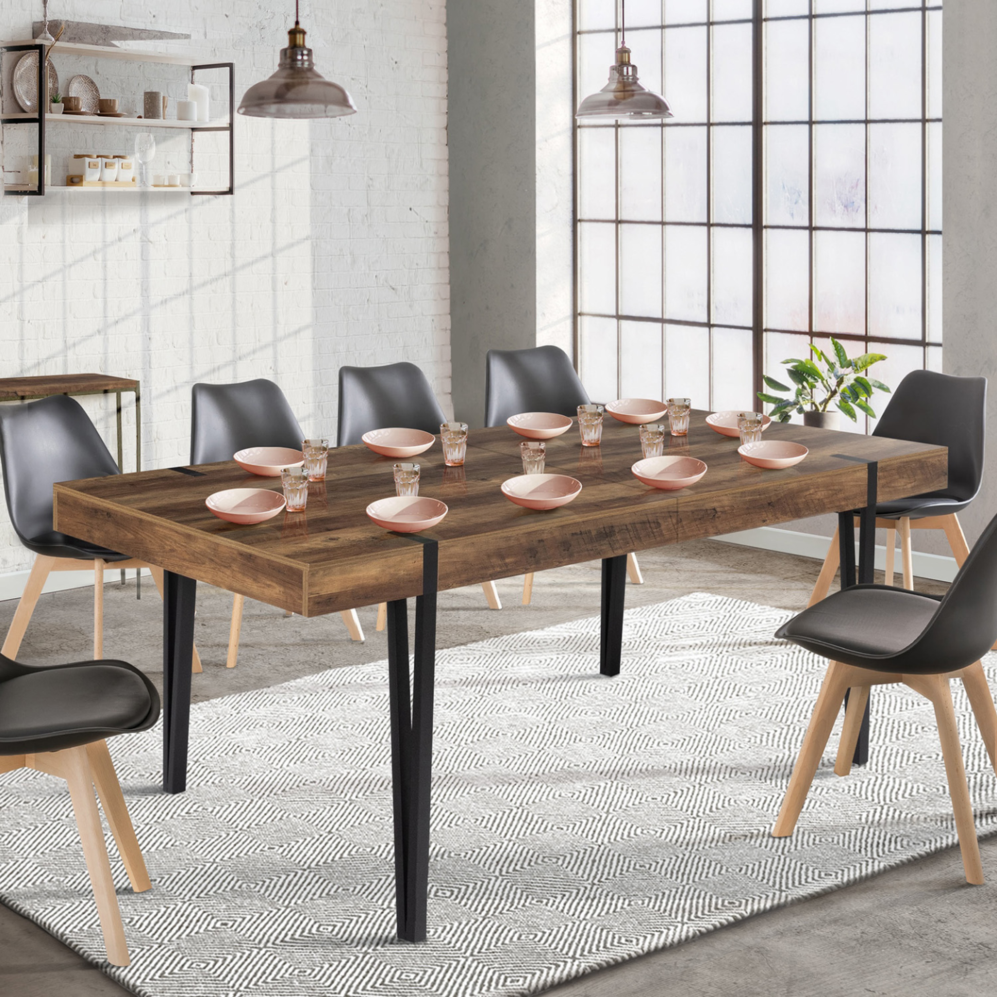 Voir la diapositive 4 : ID MARKET Table à manger extensible rectangle austria 8-12 personnes bois pied épingle noir 200-240 cm