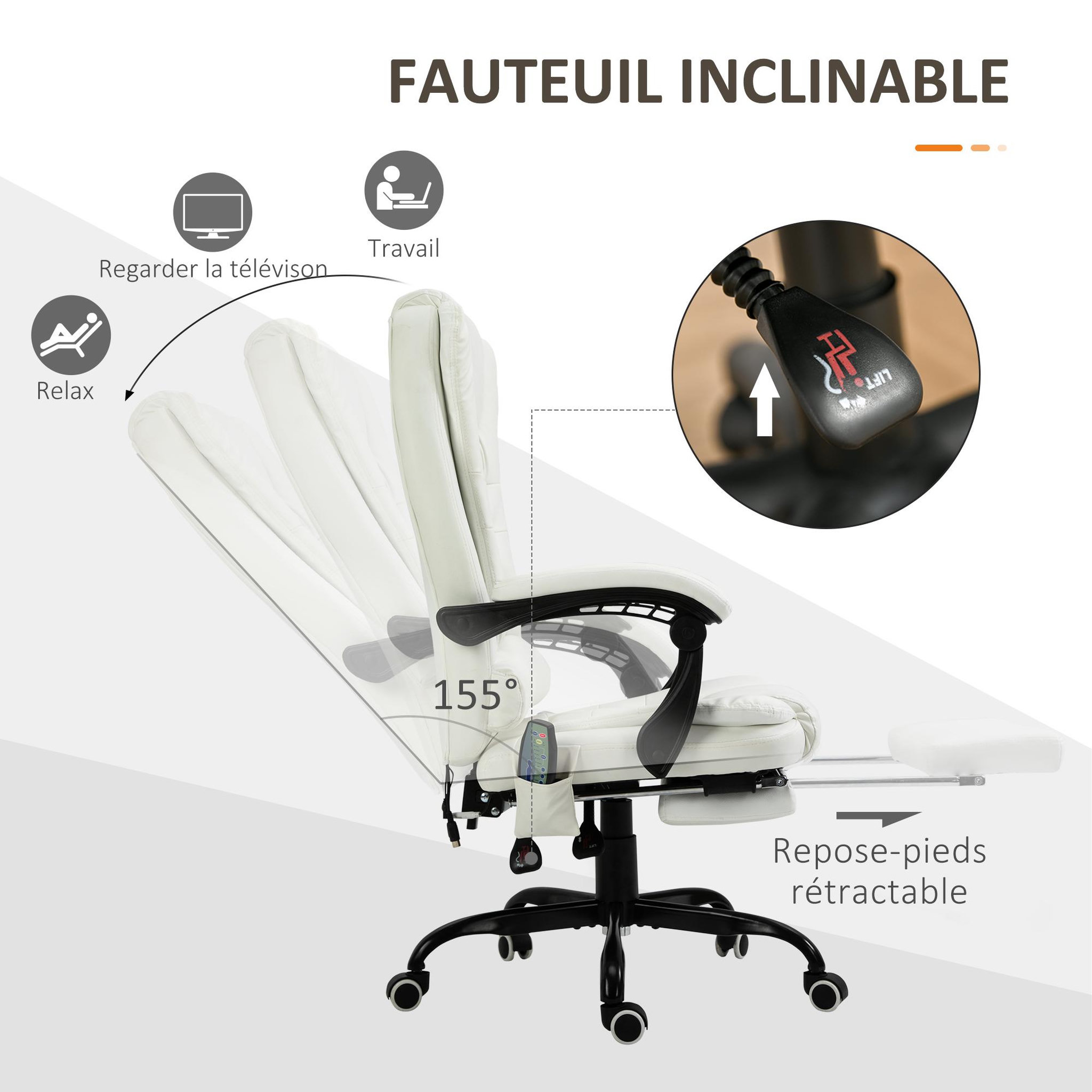 Voir la diapositive 5 : VINSETTO Vinsetto Fauteuil de bureau direction massant hauteur réglable dossier inclinable repose-pied + coussin lombaires intégrés revêtement synthétique blanc