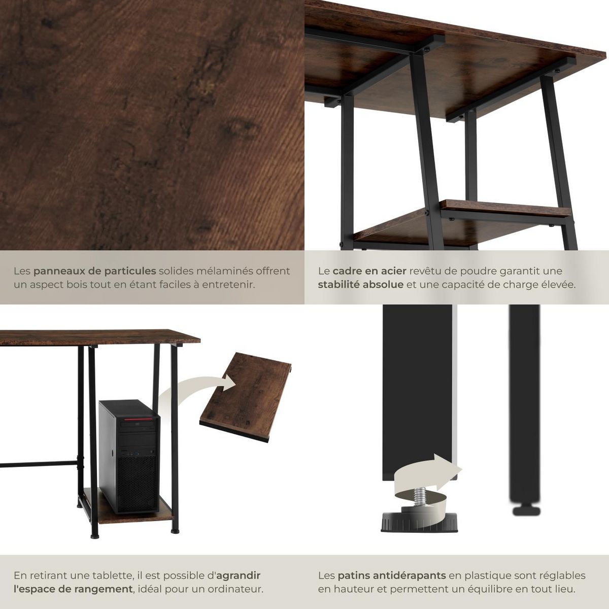 tectake Bureau Style industriel Étagère latérale avec 2 compartiments de stockage