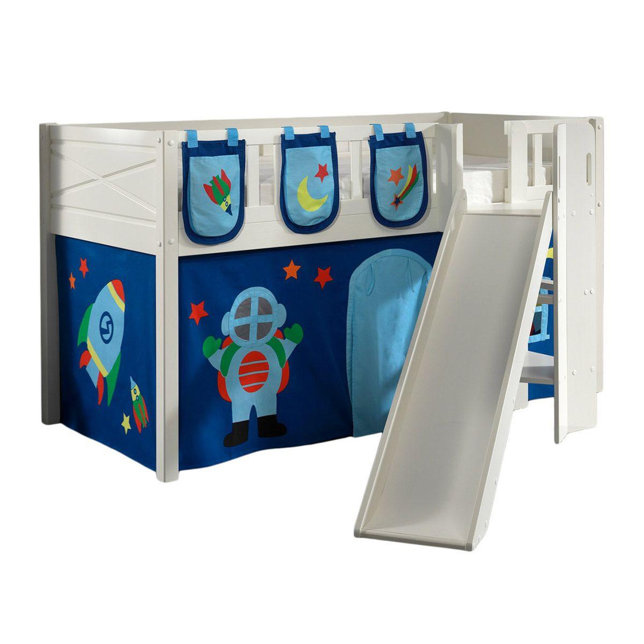 Paris Prix Lit enfant toboggan, tente & 3 pochettes  scott astro  90x200cm blanc