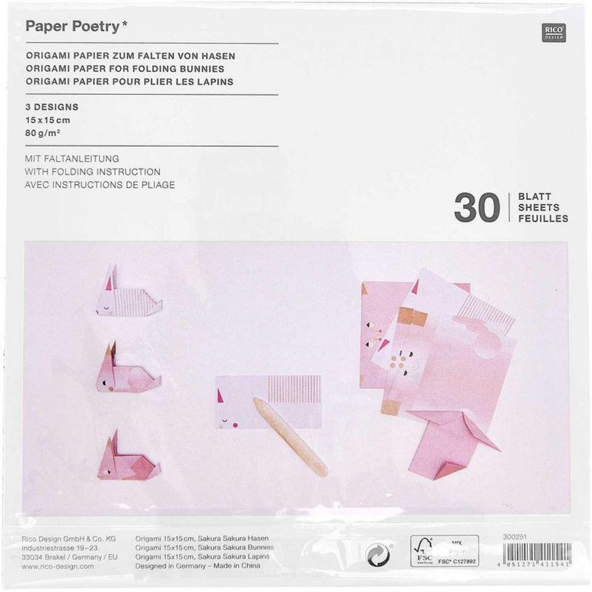 RICO DESIGN Papier d'origami de lapin, 30 feuilles