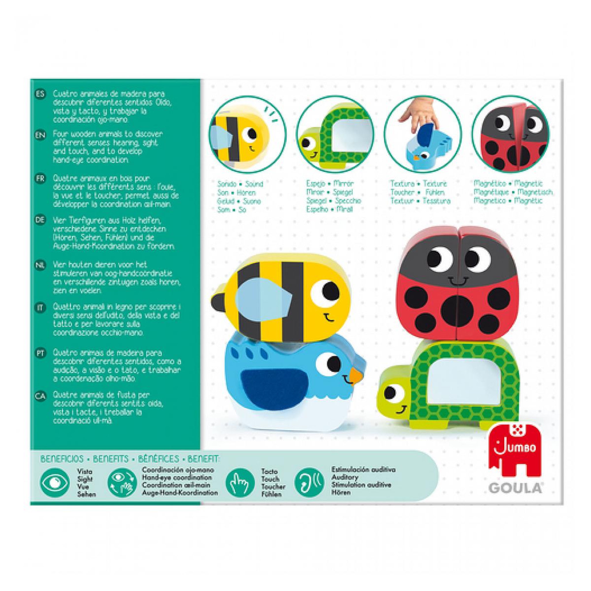 Voir la diapositive 4 : Goula First discoveries Quatre animaux en bois