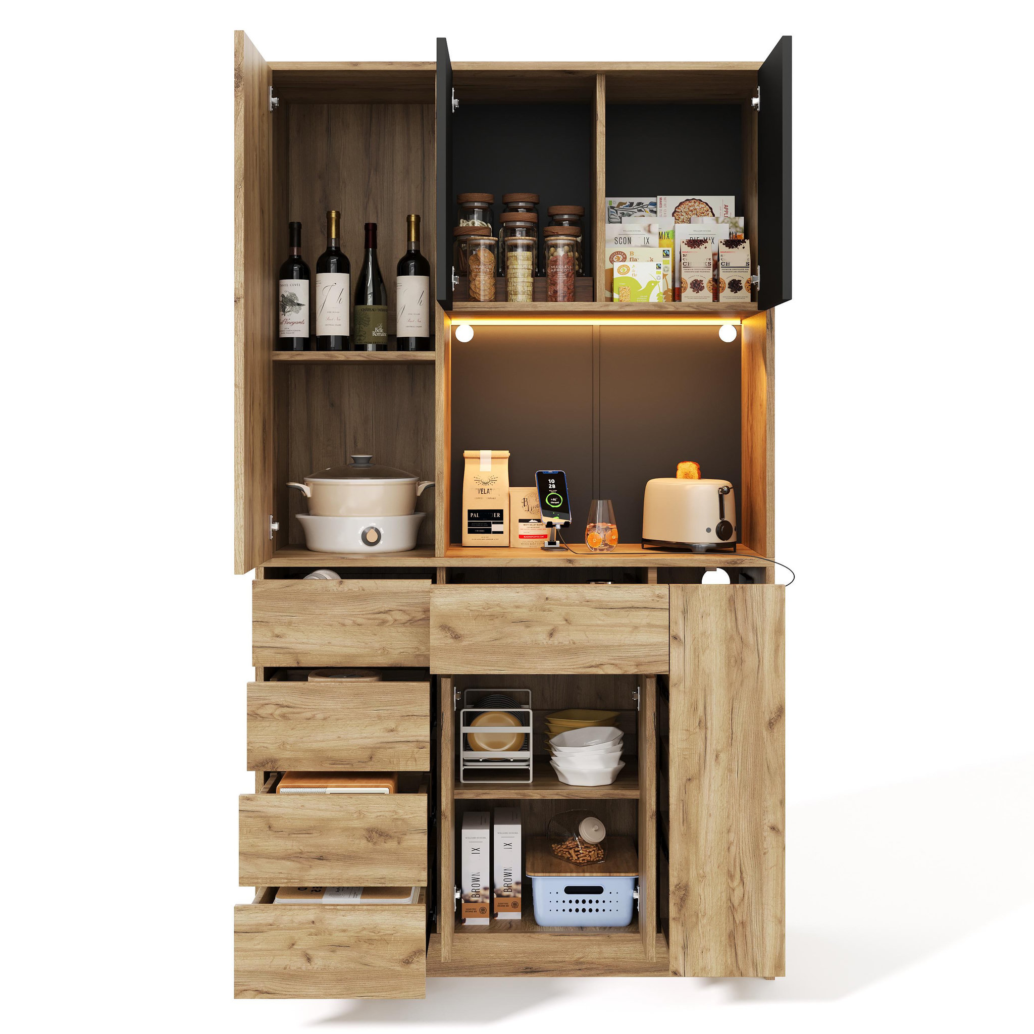MERAX Buffet de cuisine 5 portes 6 tiroirs - 105 cm naturel led mdf