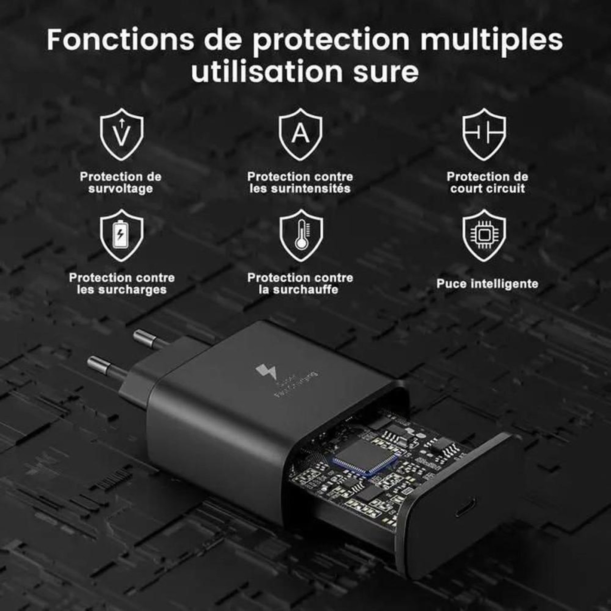 Voir la diapositive 3 : Chargeur rapide 25W avec câble USB-C 1 m, noir, prise secteur à 2 broches, compatible Samsung et smartphones USB-C