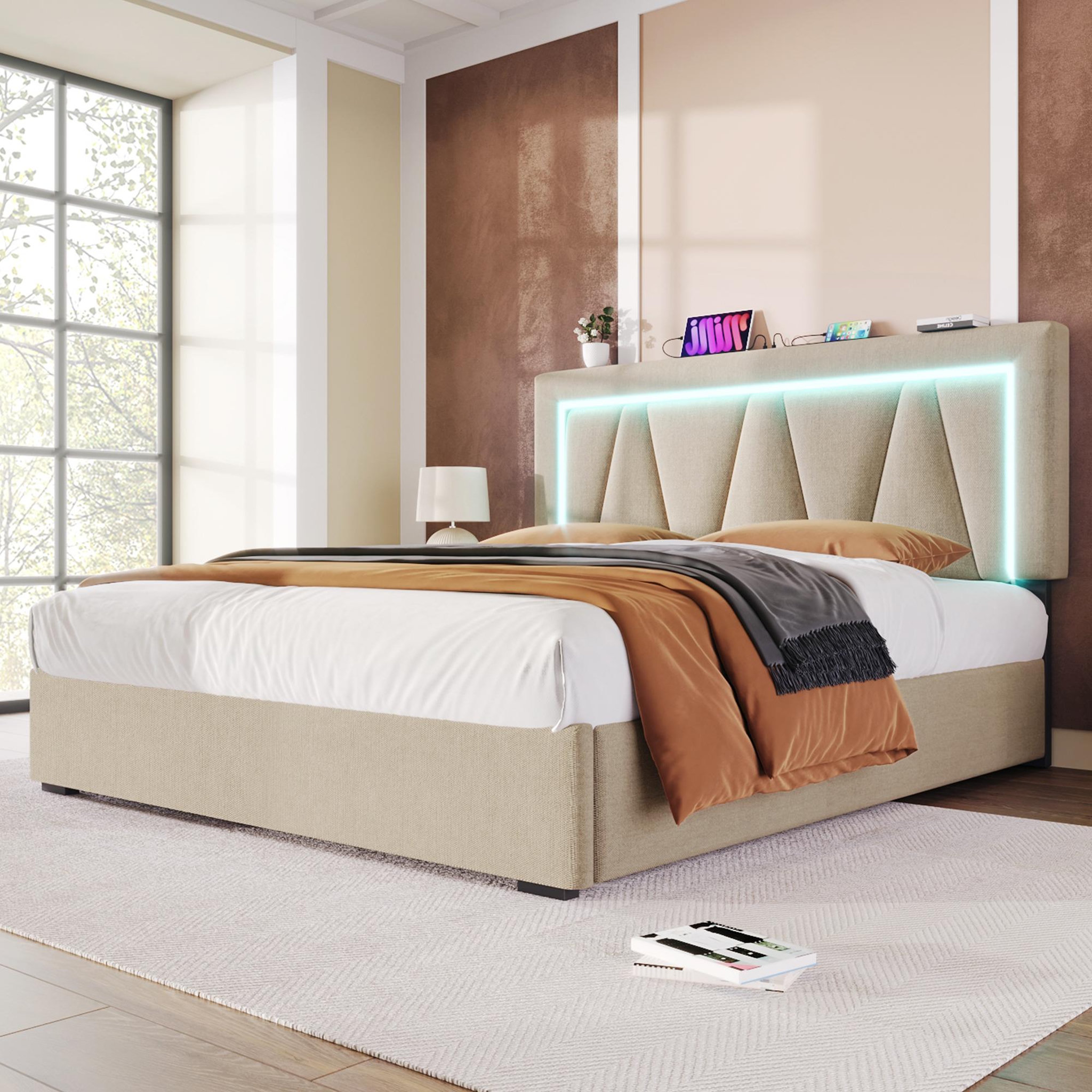 Voir la diapositive 4 : MERAX Lit double coffre 160x200 cm avec led, usb et sommier à lattes， lin gris