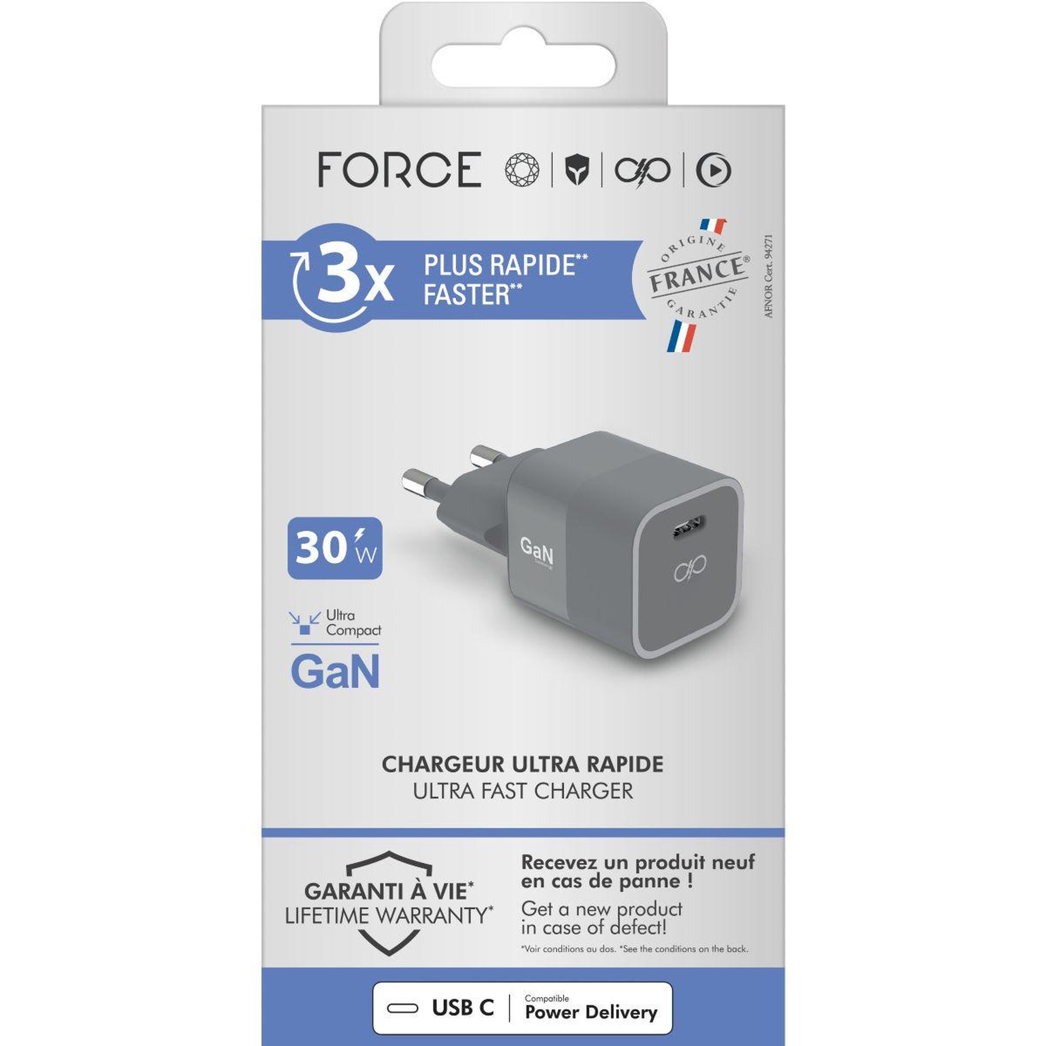Voir la diapositive 3 : FORCE POWER Chargeur 30w usb-c made in france gris