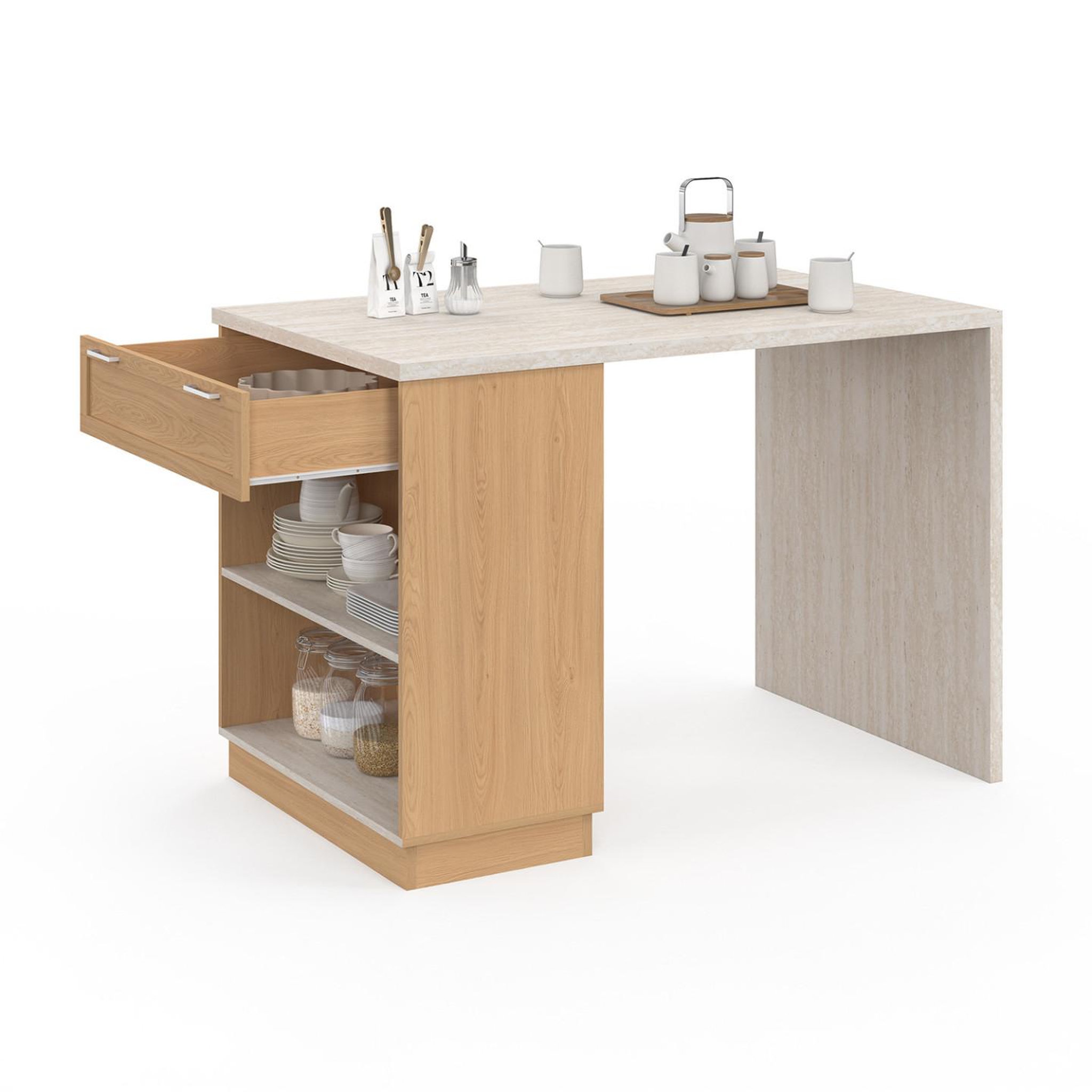 Voir la diapositive 4 : ID MARKET Ilot central mange-debout 4 personnes vito 130 cm bois et plateau effet travertin