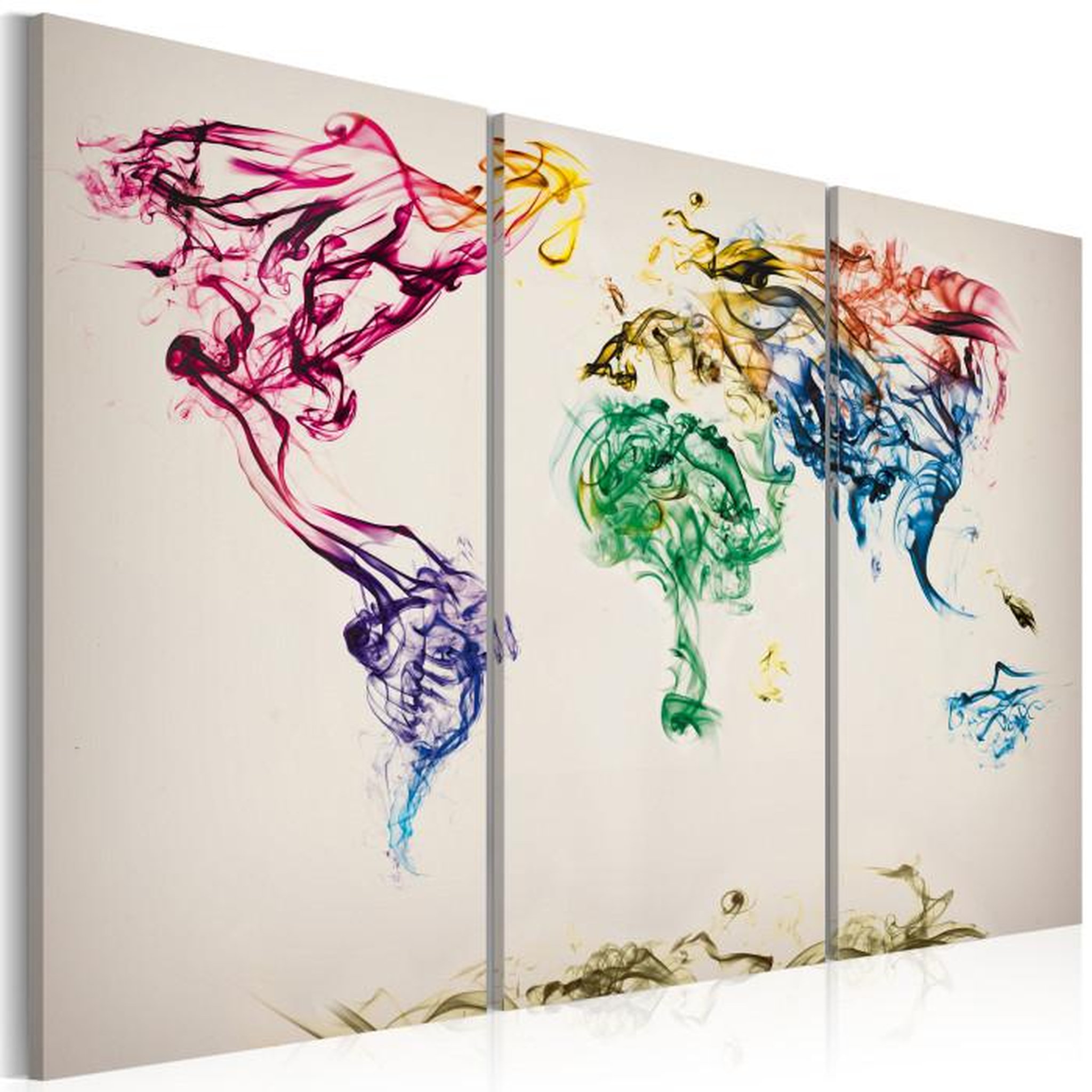 Paris Prix Tableau 3 Panneaux  Carte Mondiale en Fumée Colorée. Coloris disponibles : Multicolore