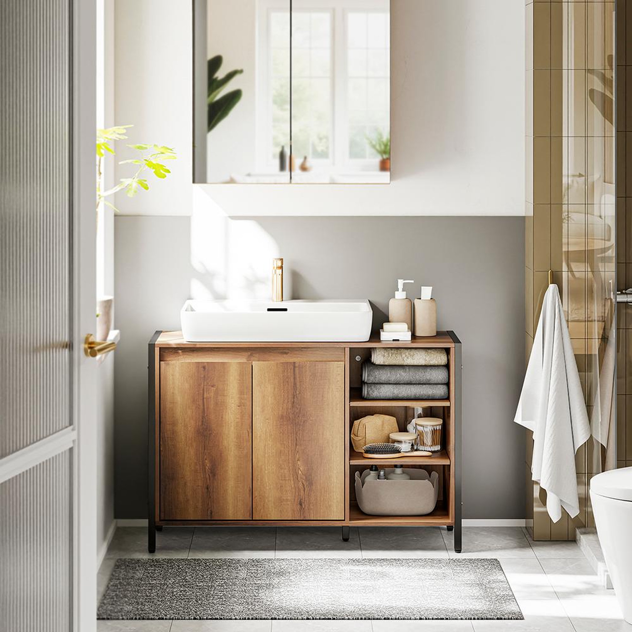 Voir la diapositive 6 : SOBUY Meuble sous-lavabo avec étagères ouvertes Marron clair 90x30x60cm BZR63-L-PF