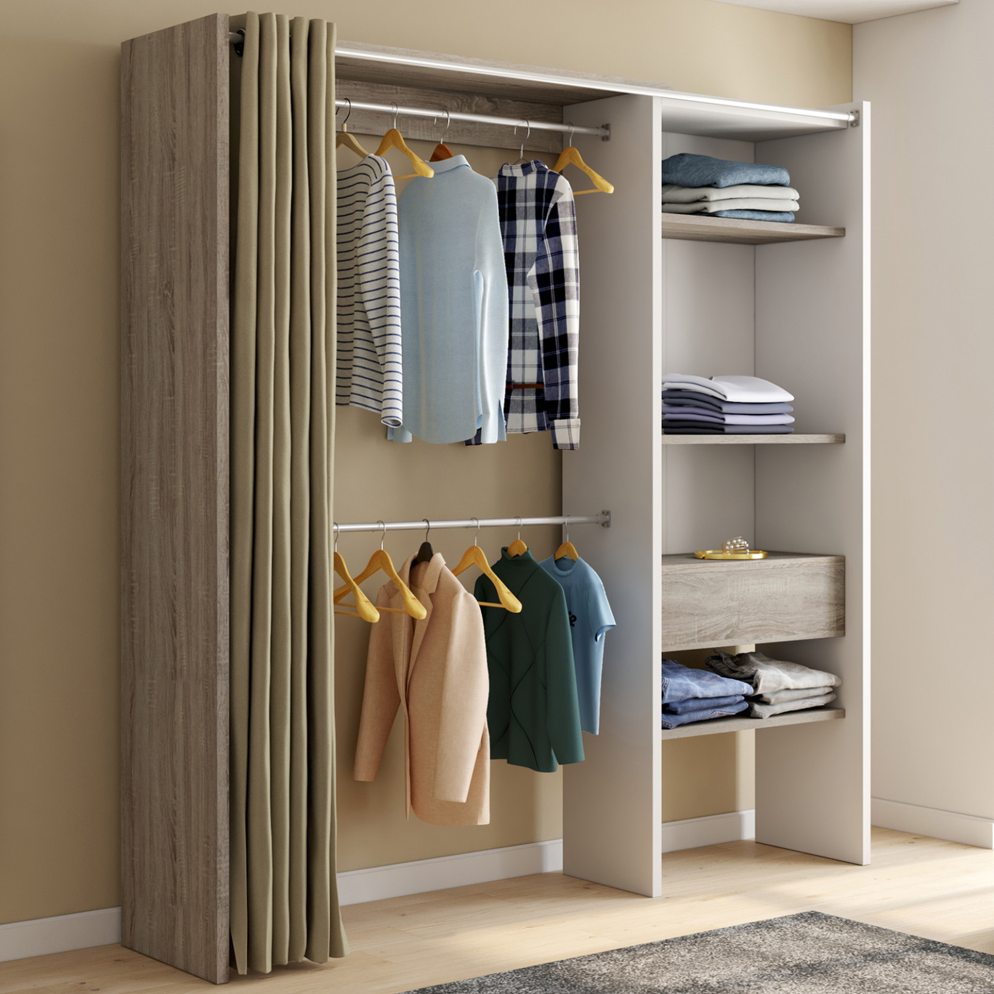 Voir la diapositive 2 : ID MARKET Dressing extensible marty 120/170 x 50 x 180 cm blanc avec étagères hêtre + double penderie + rideau taupe