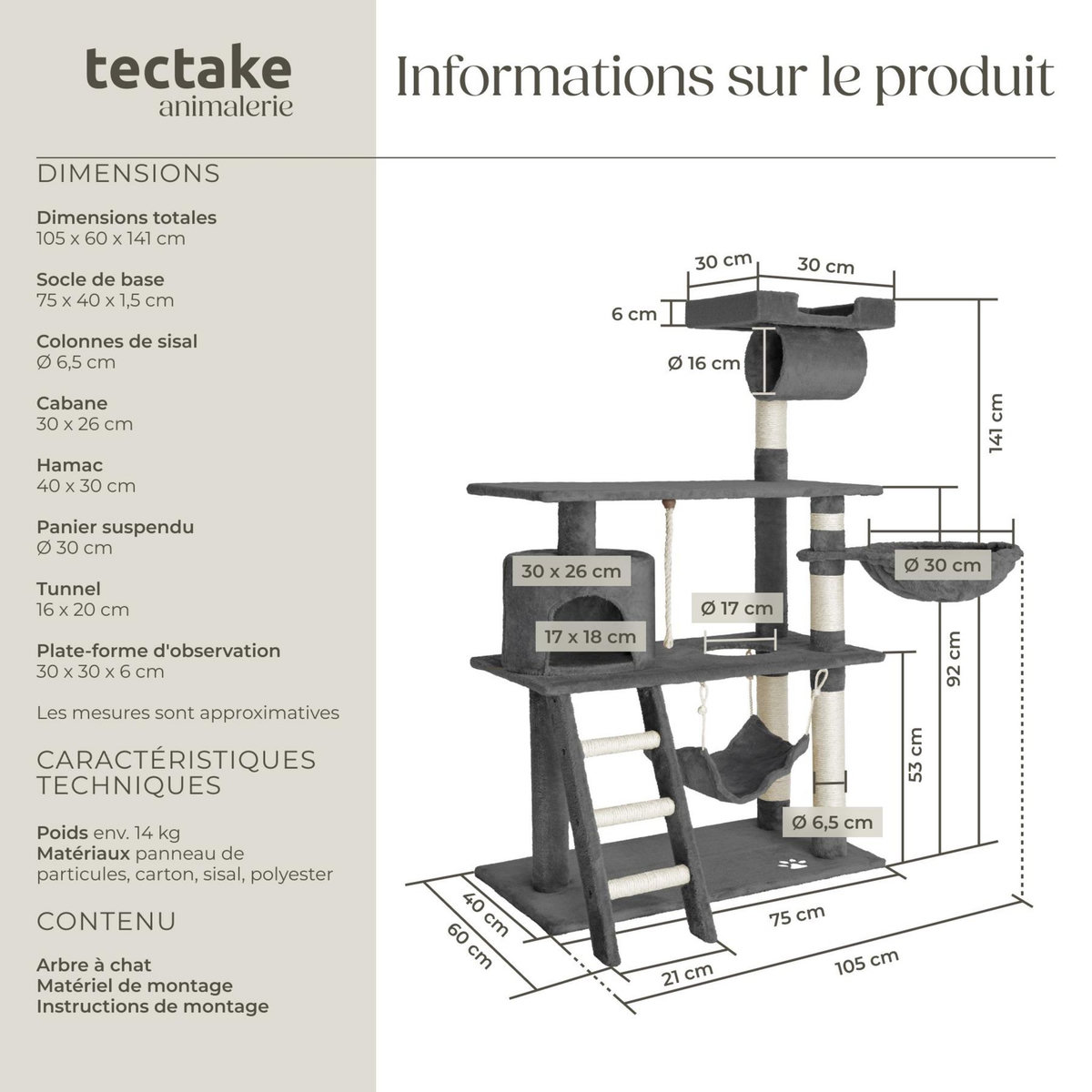 tectake Arbre à chat 141 cm avec griffoir et plateforme d'escalade gris