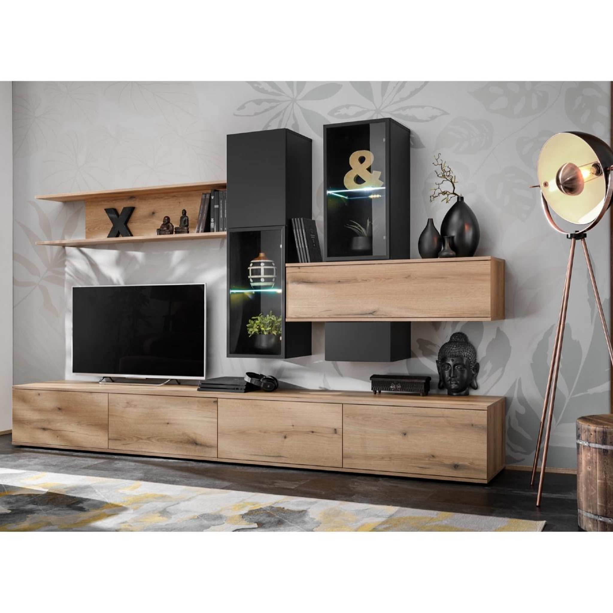 Voir la diapositive 2 : JLC KREATION Ensemble tv mural moderne en bois avec vitrines urka