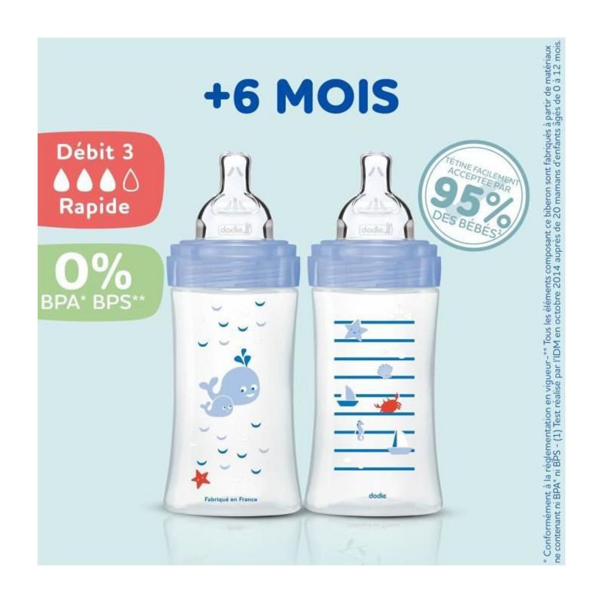 DODIE DODIE Lot de 3 Biberons Anti-Colique Sensation+ 330ml +6 Mois, Tetine Plate, Debit 3 - Bleu Mer et Vert Air