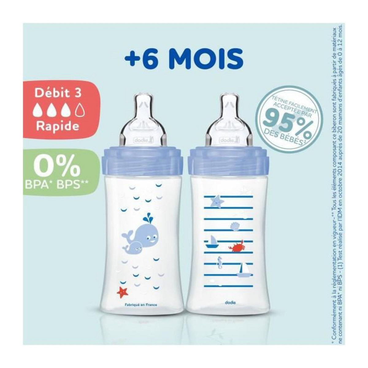 DODIE DODIE Lot de 3 Biberons Anti-Colique Sensation+ 330ml +6 Mois, Tetine Plate, Debit 3 - Bleu Mer et Vert Air