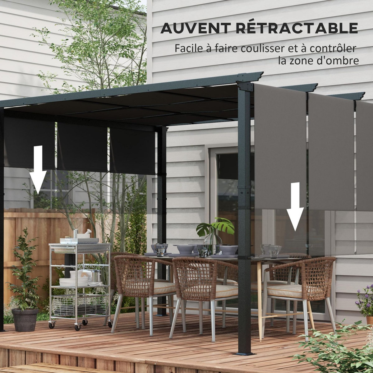 OUTSUNNY Pergola 3 toiles coulissantes - dim. 3,57L x 2,96l x 2,35H m - acier époxy noir polyester haute densité anthracite
