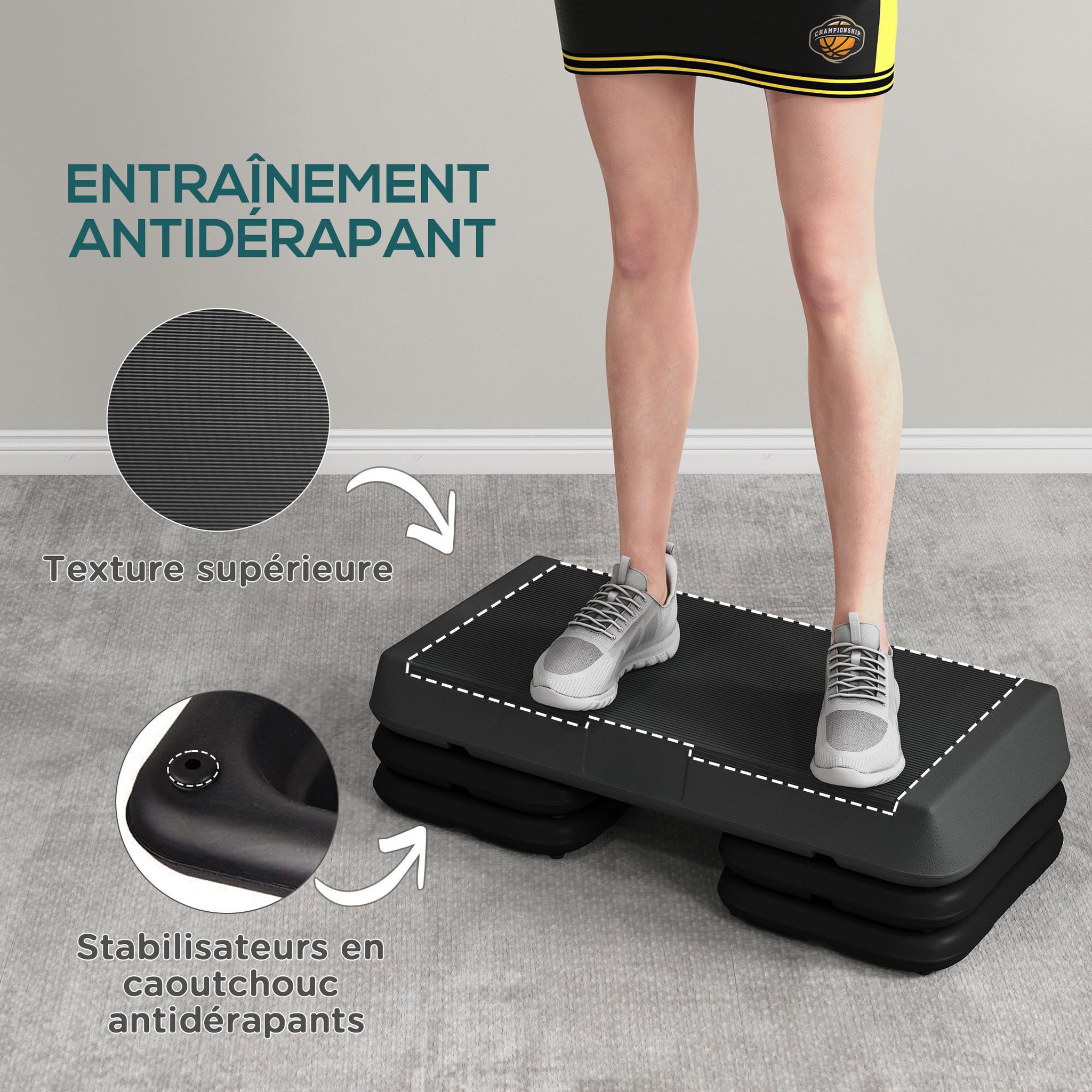 Voir la diapositive 5 : HOMCOM Stepper aérobic fitness hauteur réglable 3 niv. 10/15/20 cm surface antidérapante pe gris