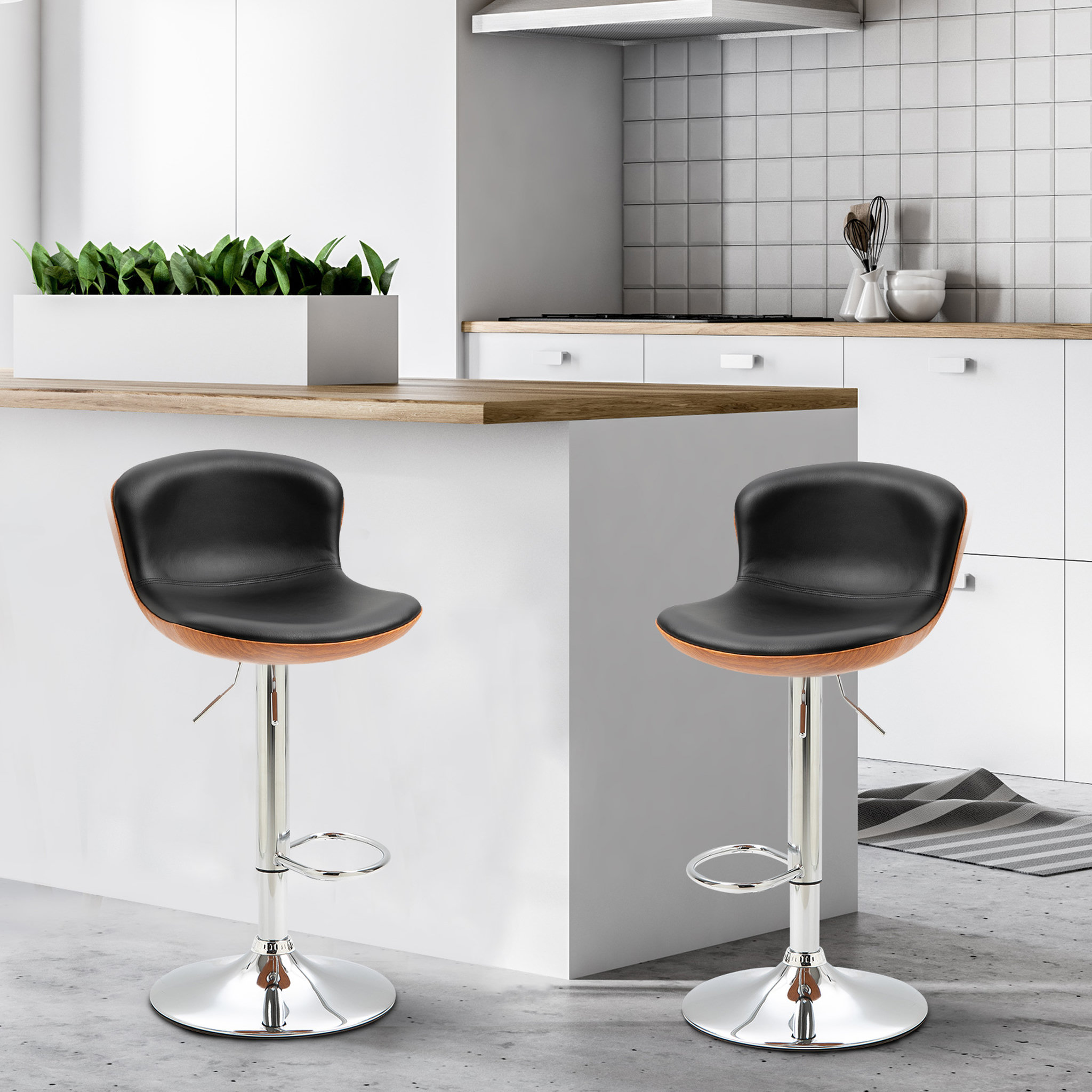 Voir la diapositive 2 : HOMCOM Lot de 2 tabourets de bar design contemporain hauteur d'assise réglable 64-85 cm pivotant 360° revêtement synthétique noir imitation bois